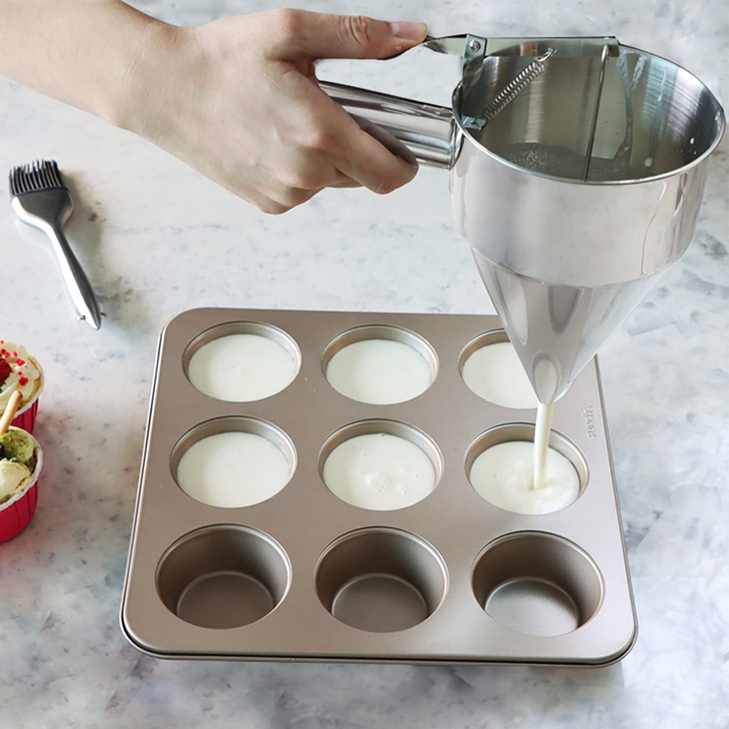 KAYCROWN 1200ml Stainless Steel Pancake Batter Dispenser with Stand & Basting Brush - Perfect for Cupcakes, Waffles, Takoyaki, Crepes, and Baking - Ideal for Breakfast, Desserts, and Party Food Preparation