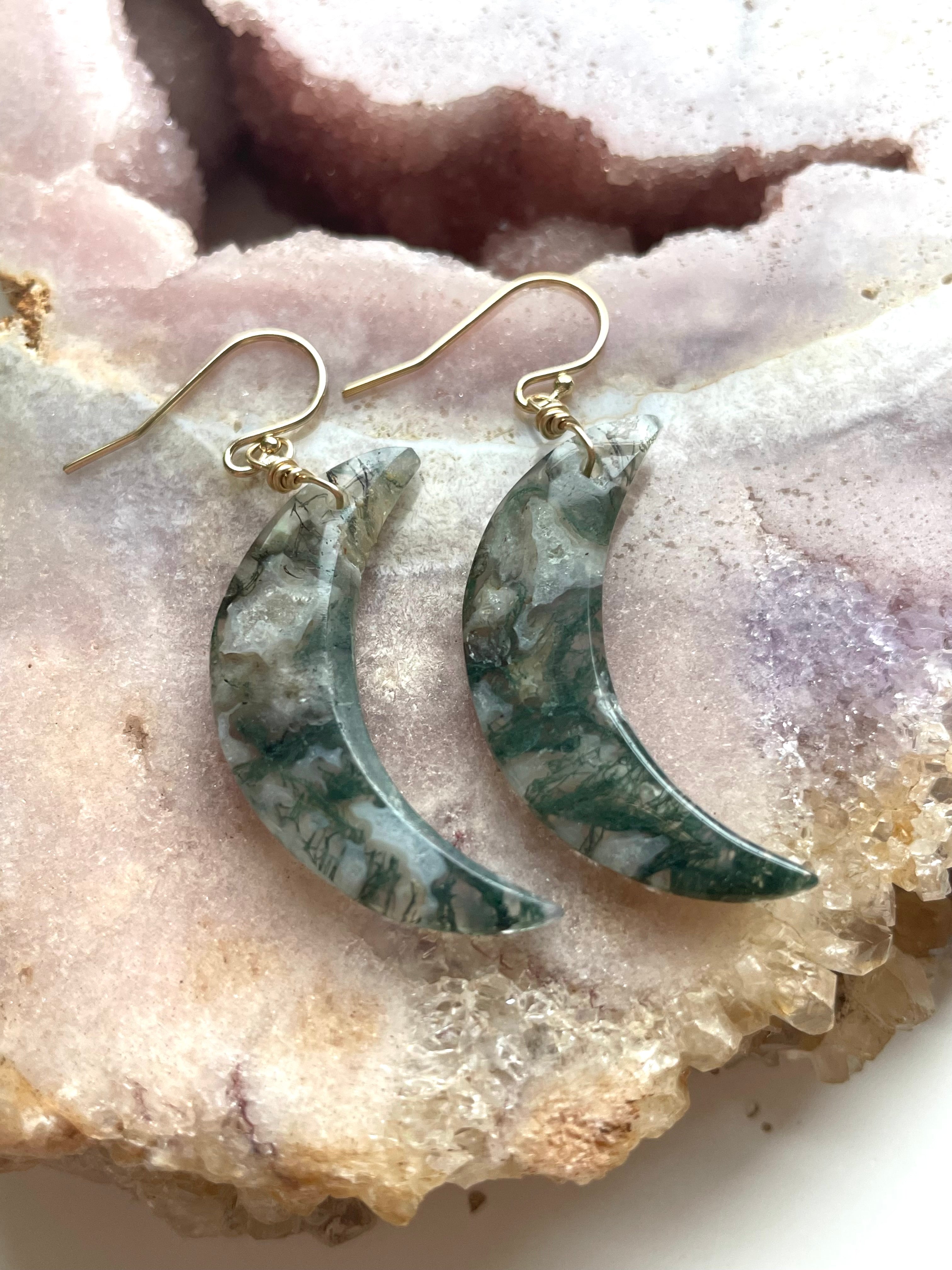 Natural Moss Agate Moon Dangle Earrings - Gold Filled Statement Jewelry for Women - Perfect for Boho, Hippie & Festival Outfits