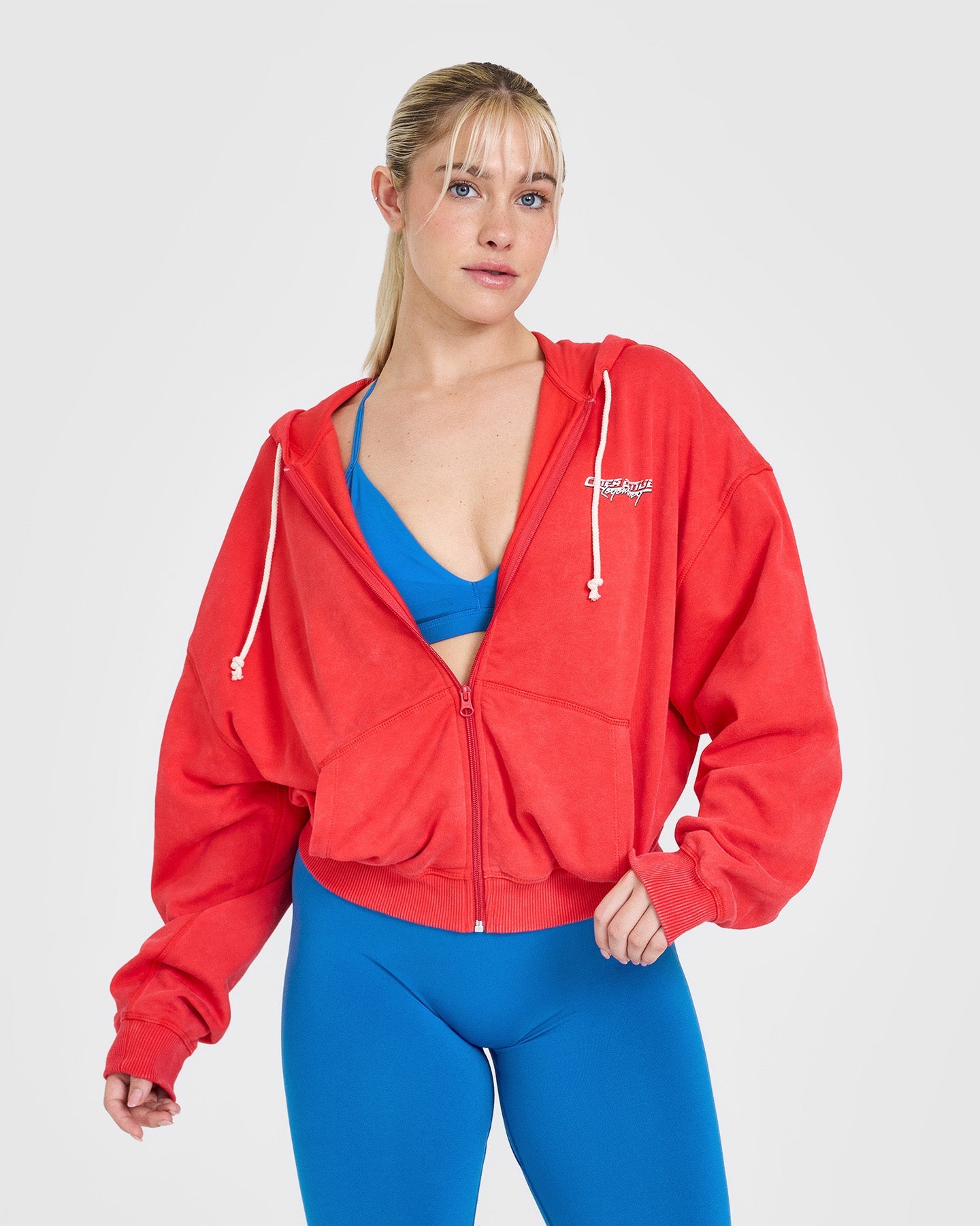 Raw Lounge Oversized Zip Through Hoodie with Graphic Print | Muscle Mommy Red | Cozy Streetwear for Women, Perfect for Casual Outings & Gym Sessions