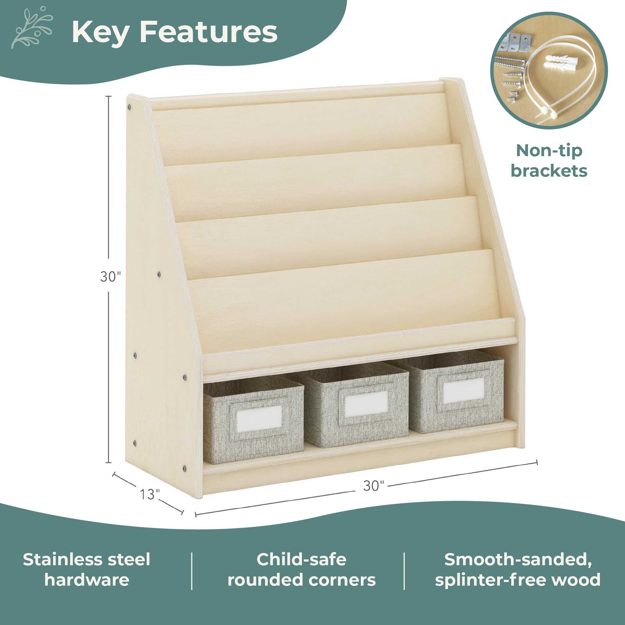 Guidecraft EdQ Natural Wood Book & Bin Display with 3 Fabric Storage Bins - Multi-Purpose Bookcase & Toy Organizer for Homeschool, Classroom & Kids' Room Storage Solutions