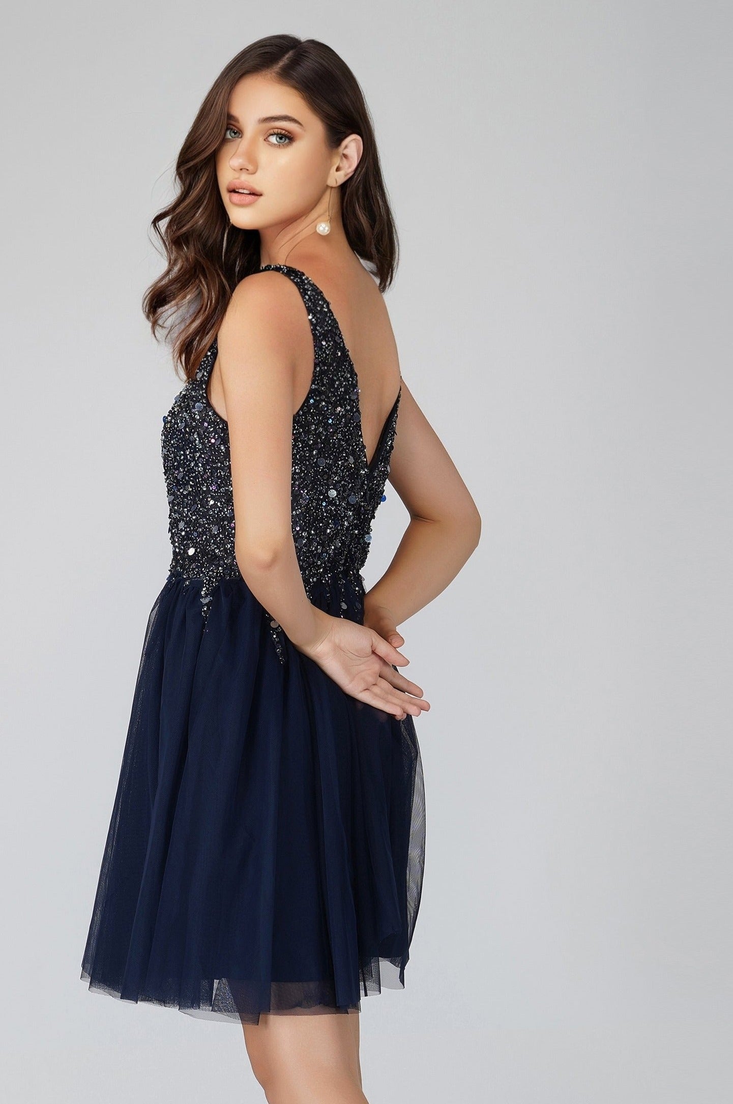 Elegant Dark Blue Embellished Mini Dress for Women - Perfect for Cocktail Parties, Date Nights & Special Occasions