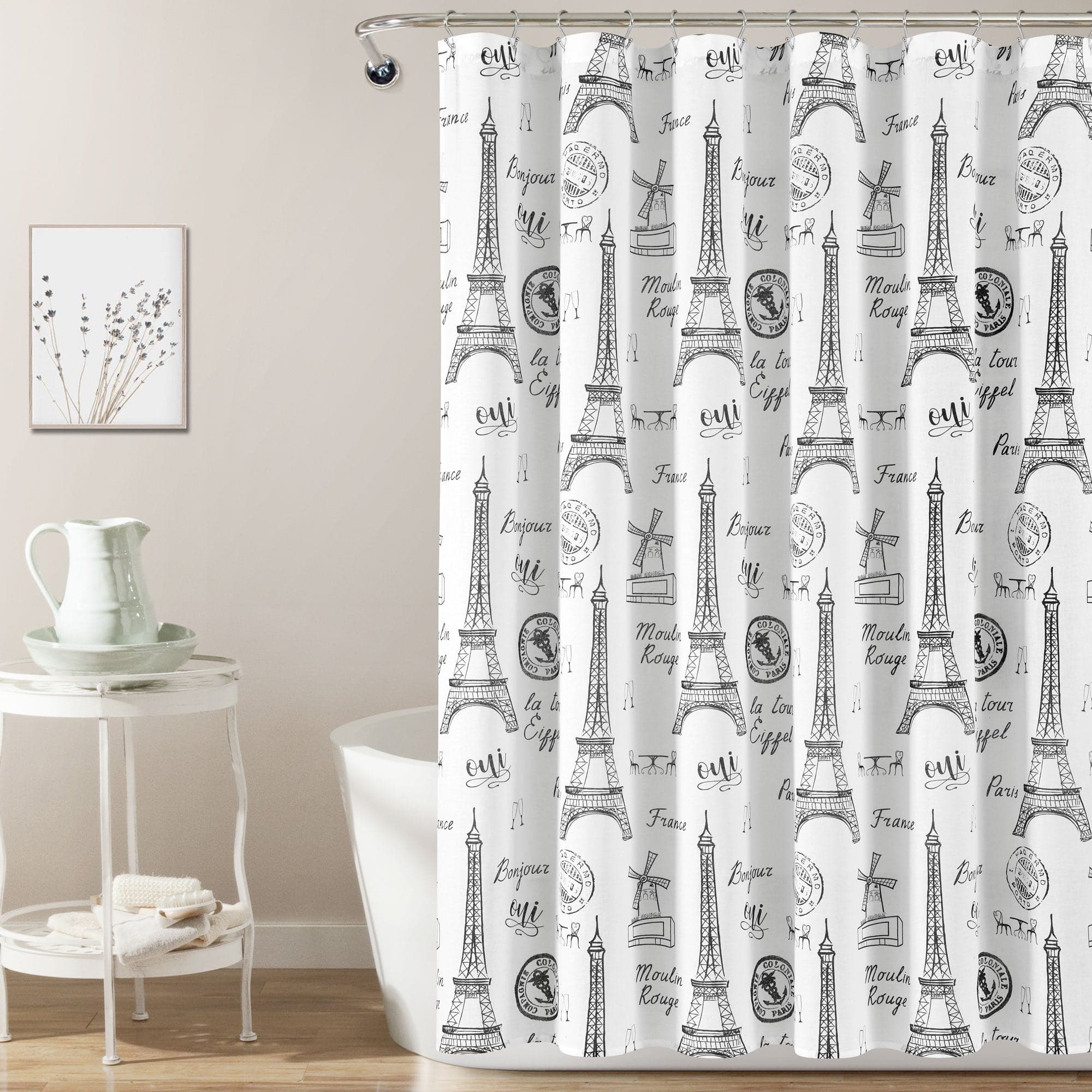 Paris Bonjour Cotton Shower Curtain - Waterproof Bathroom Decor with Eiffel Tower Design - Perfect for French Theme Bathrooms & Parisian Style Home Decor