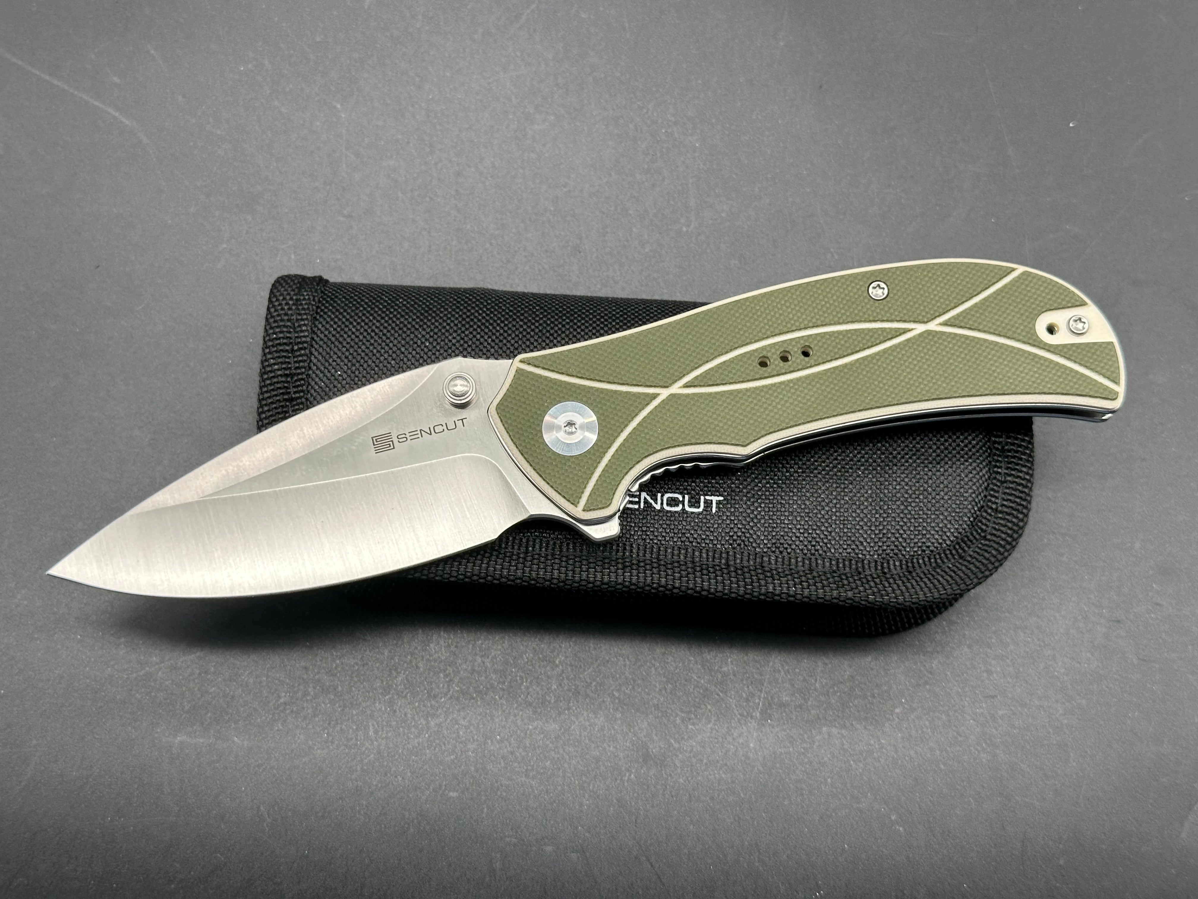 SENCUT HYRAX Folding Pocket Knife - 9CR18MOV Steel Blade, Green/Off-White G10 Handle, Leaf Shape Plain Edge with Satin Finish - EDC, Camping, Hiking & Outdoor Survival Tool
