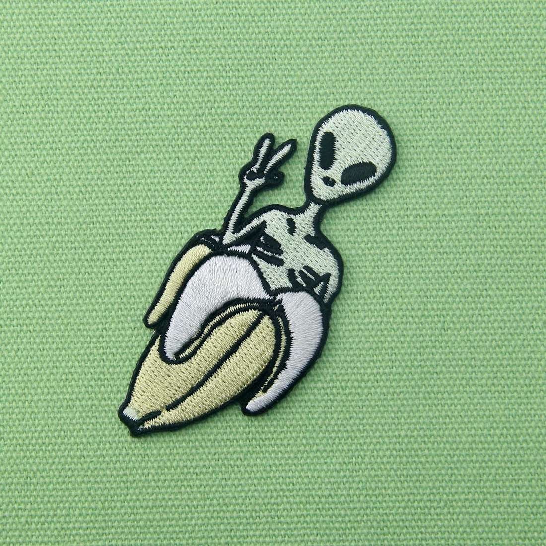 Alien in Banana Oh Yeah Iron On Patch - Embroidered Applique for DIY Sew On Emblem | Perfect for Jackets, Backpacks & Denim Customization