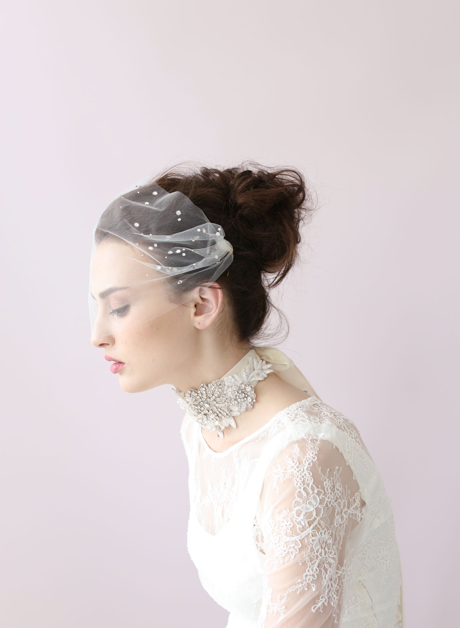 Sparkling Rhinestone Embellished Tulle Bandeau Wedding Veil - Style #425 | Elegant Bridal Accessory for Church, Garden & Beach Weddings
