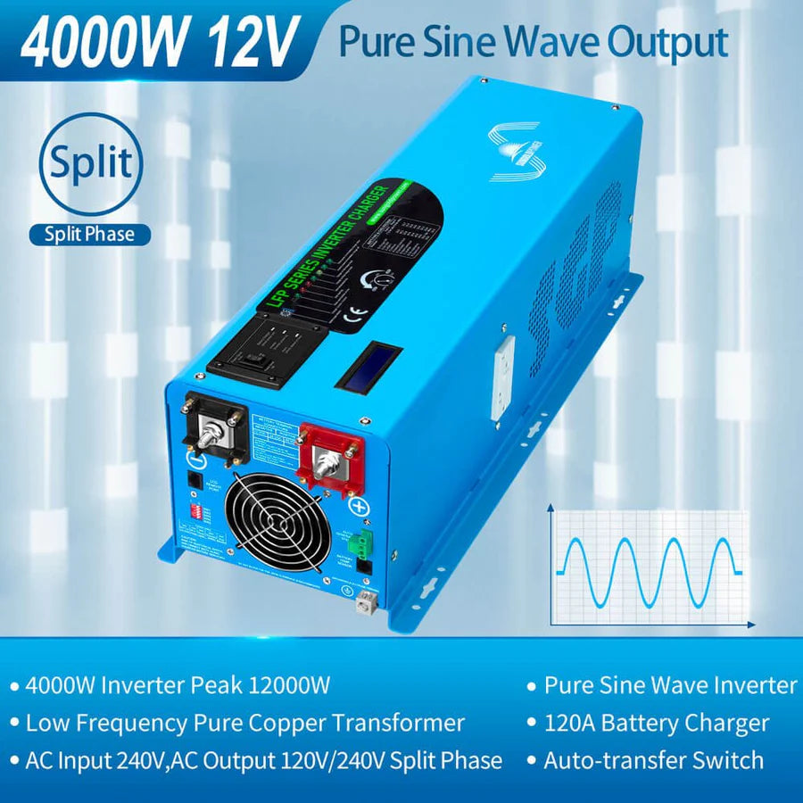 4000W 12V DC to AC Pure Sine Wave Power Inverter with Built-in Charger - Perfect for RVs, Boats, Off-Grid Solar Systems & Emergency Backup Power