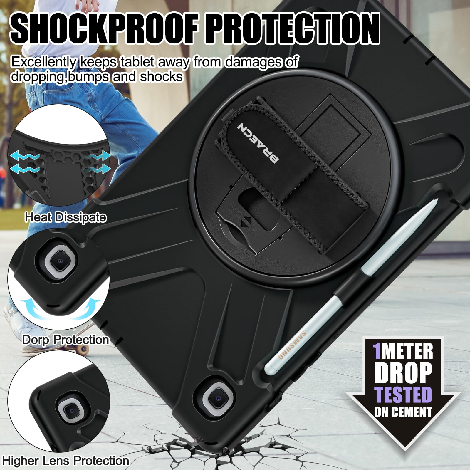 BRAECN Shockproof Rugged Case for Samsung Galaxy Tab S6 Lite 10.4 Inch (2024/2022/2020 Models SM-P620/P610/P619) - Protective Kids Tablet Cover with Pencil Holder, Rotating Stand & Hand Strap - Black | Perfect for School, Travel & Outdoor Use
