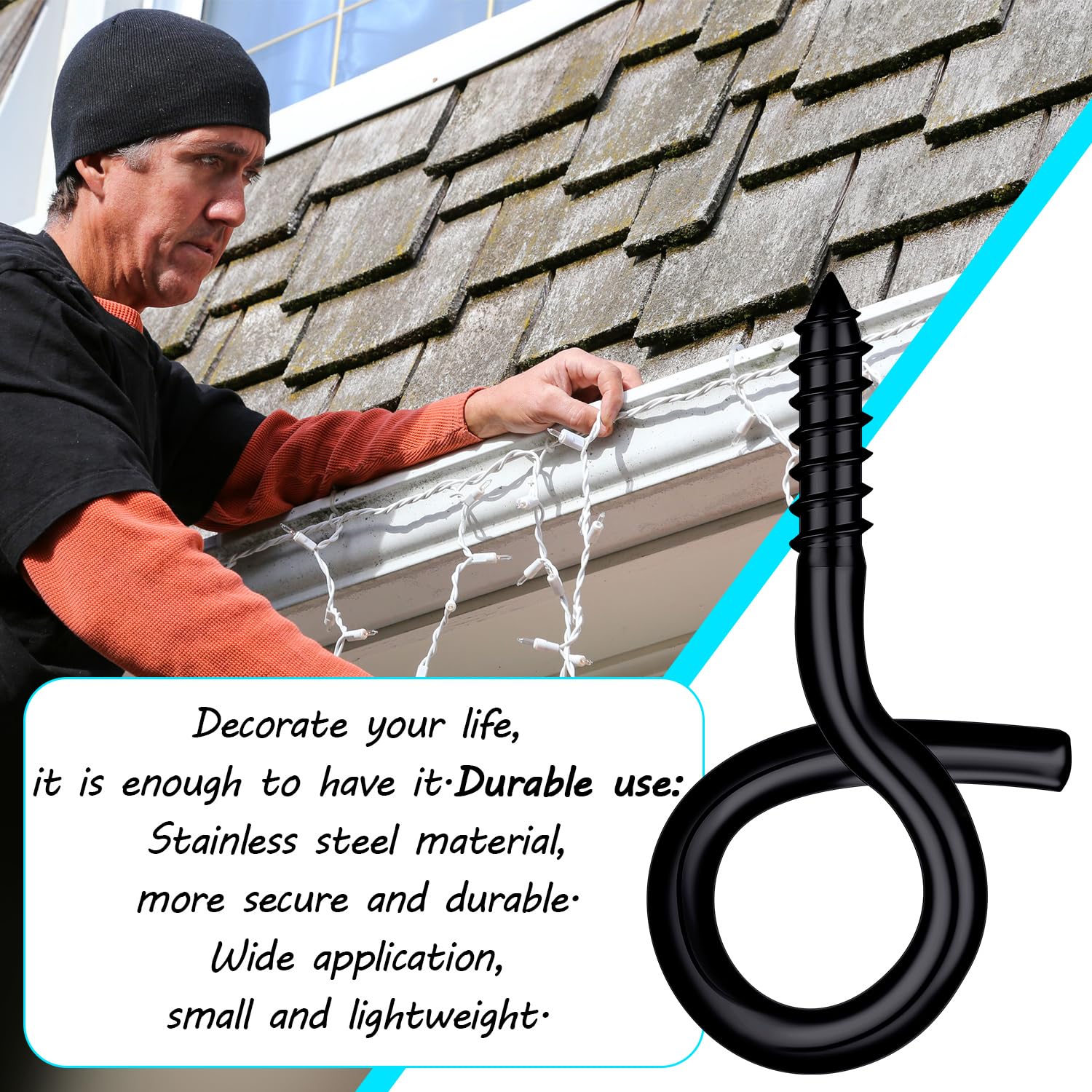 60 Pack Black Christmas Light Hanger Hooks - Heavy Duty Outdoor Q Hooks for Holiday String Lights, Xmas Decorations - Perfect for Roof, Gutters, Trees & Indoor Holiday Decor