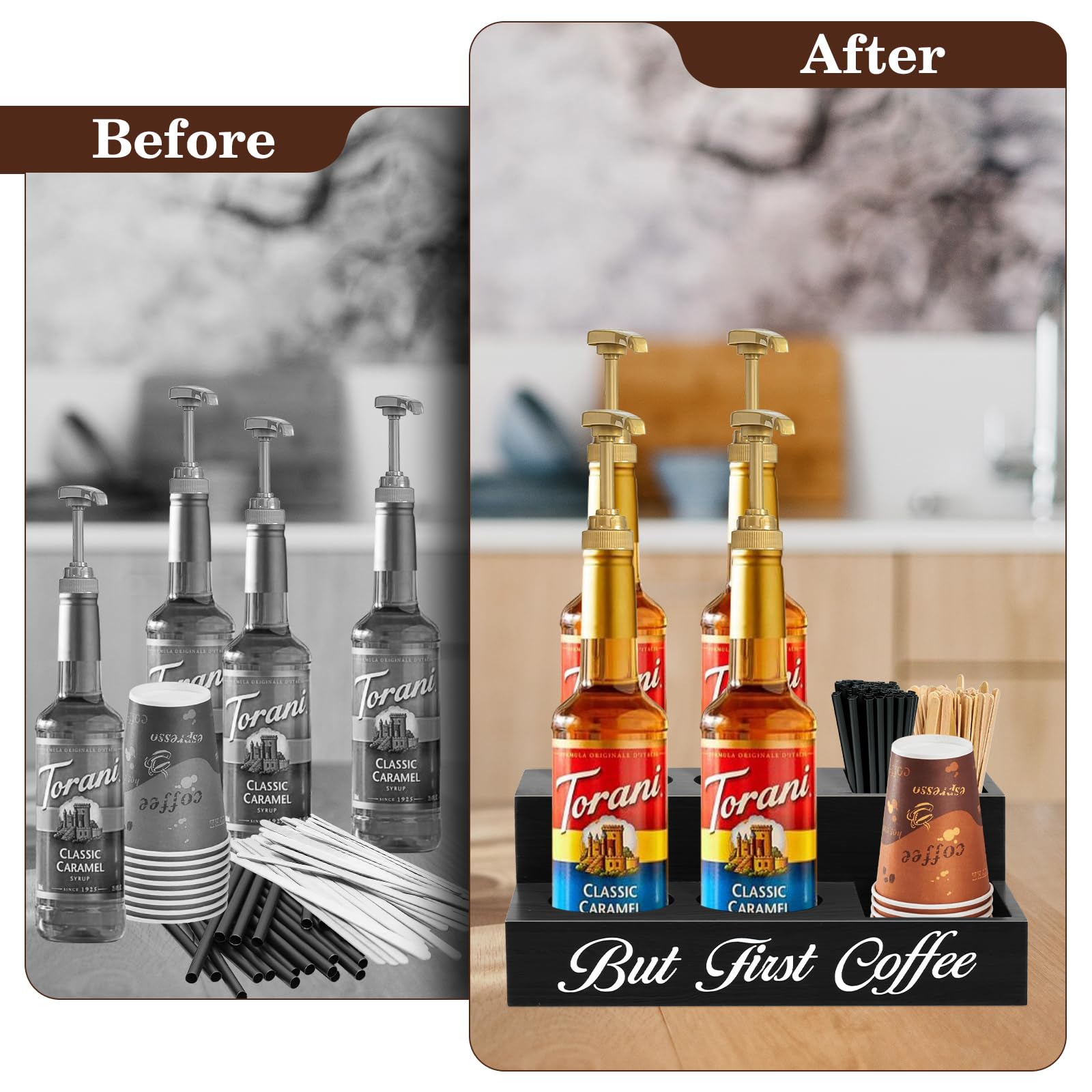 Rustic Wooden Coffee Station Organizer - Syrup & Pod Holder, Countertop Pantry Organizer for Farmhouse Coffee Bar Decor | Perfect for Kitchen, Dining Room & Coffee Shop Décor