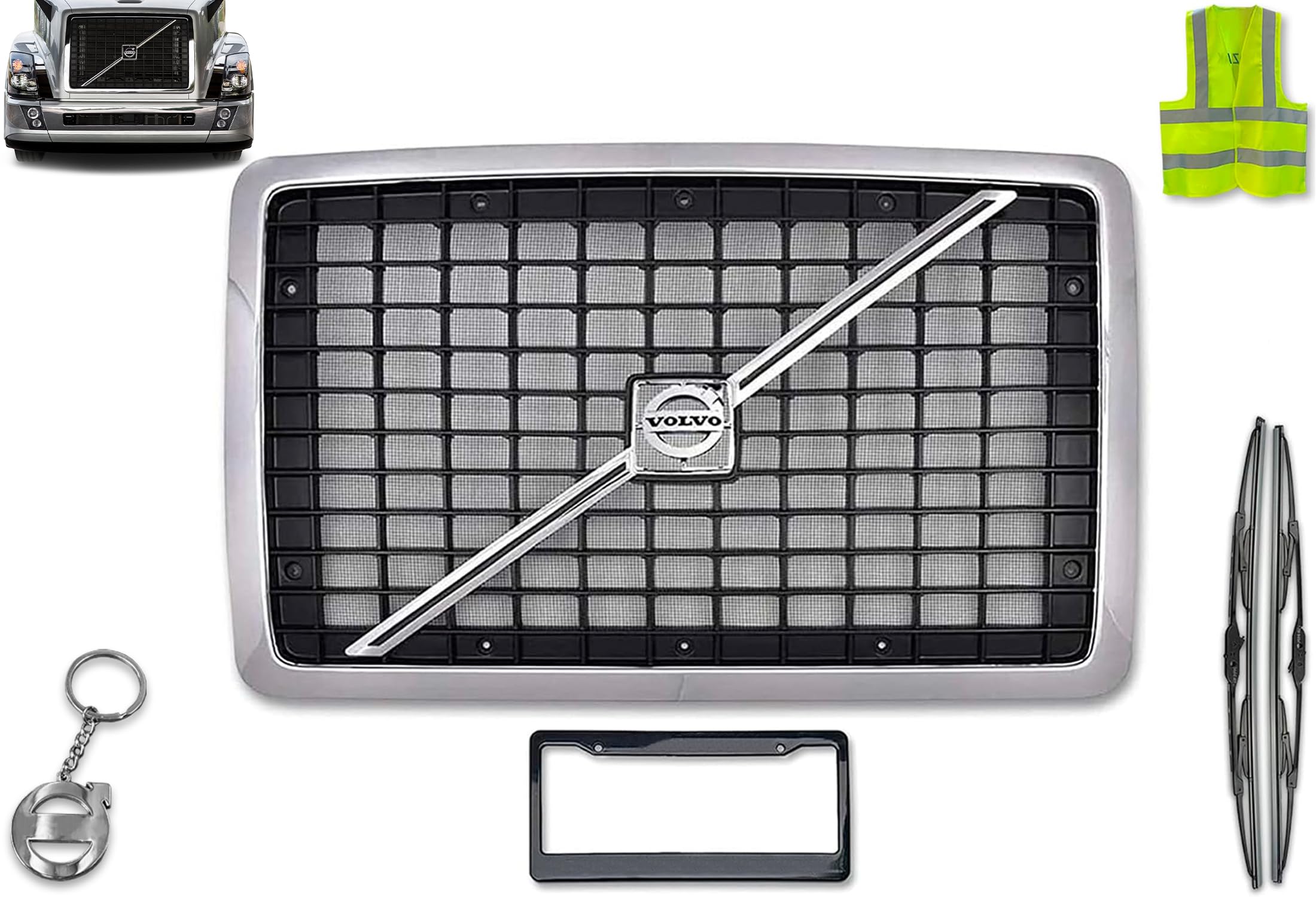 KOZAK Chrome Front Grille with Bug Net Screen for Volvo VNL 2004-2017 | PLUS Logo Stripe Design | Includes 22