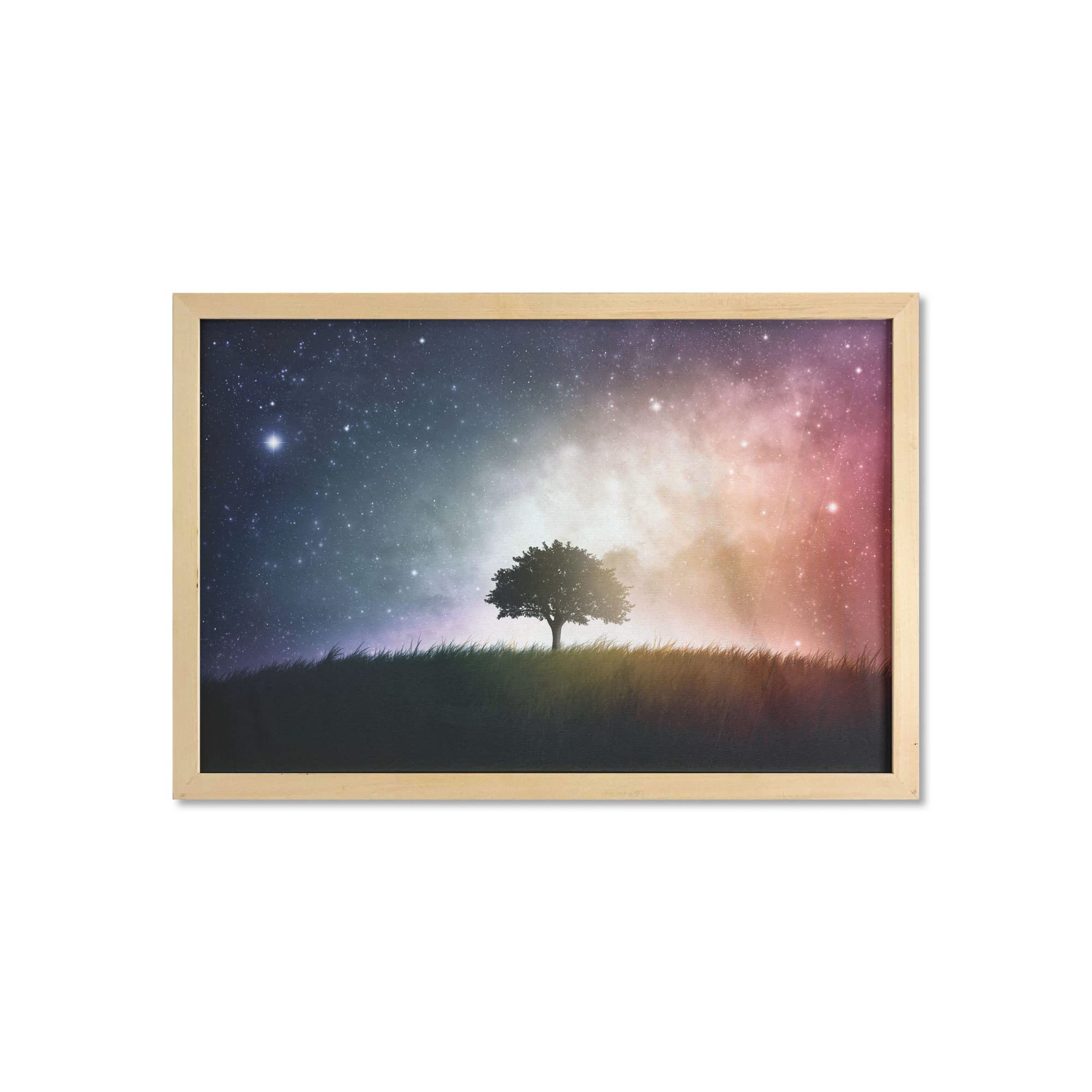Ambesonne Framed Space Wall Art - Single Tree in Meadow Valley with Stars Universe Print, 35
