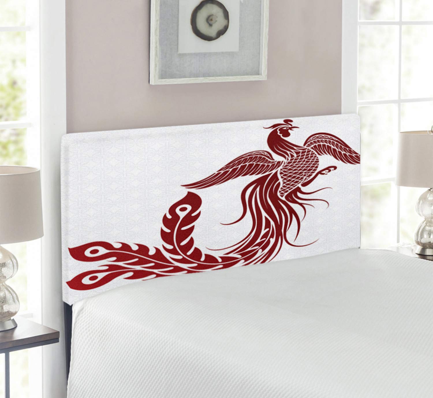 Ambesonne Phoenix Headboard - Traditional Chinese Magic Bird Design with Majestic Wings & Peacock Feather Boho Style - Upholstered Decorative Metal Bed Headboard with Memory Foam - Twin Size in Ruby White - Perfect for Bohemian Bedroom Decor & Asian-Themed Home Interiors