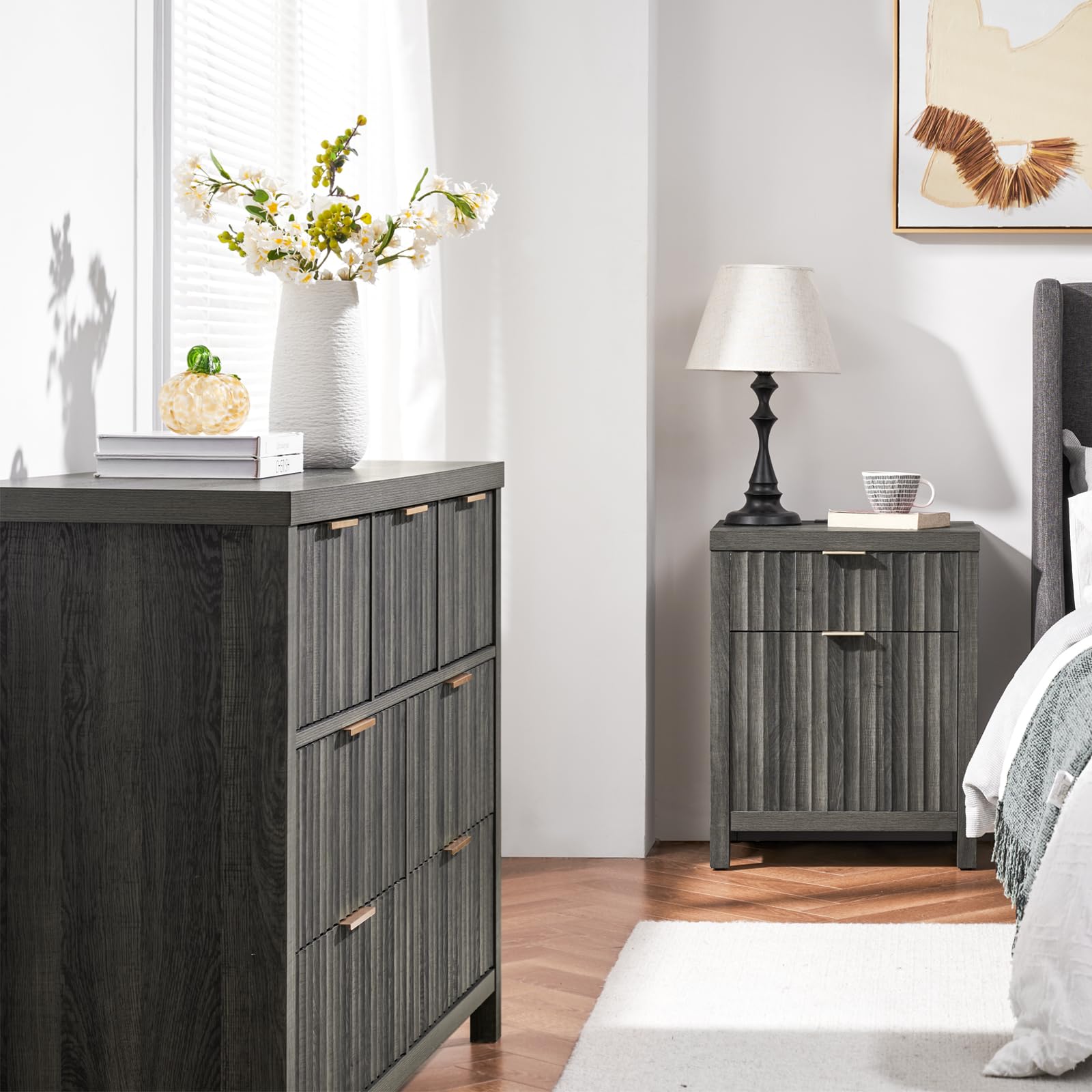 3 Piece Modern Bedroom Set with Fluted 7-Drawer Dresser & 2 Nightstands - USB Charging Station - Midnight Oak Finish - Perfect for Master Bedroom, Guest Room or Apartment Decor
