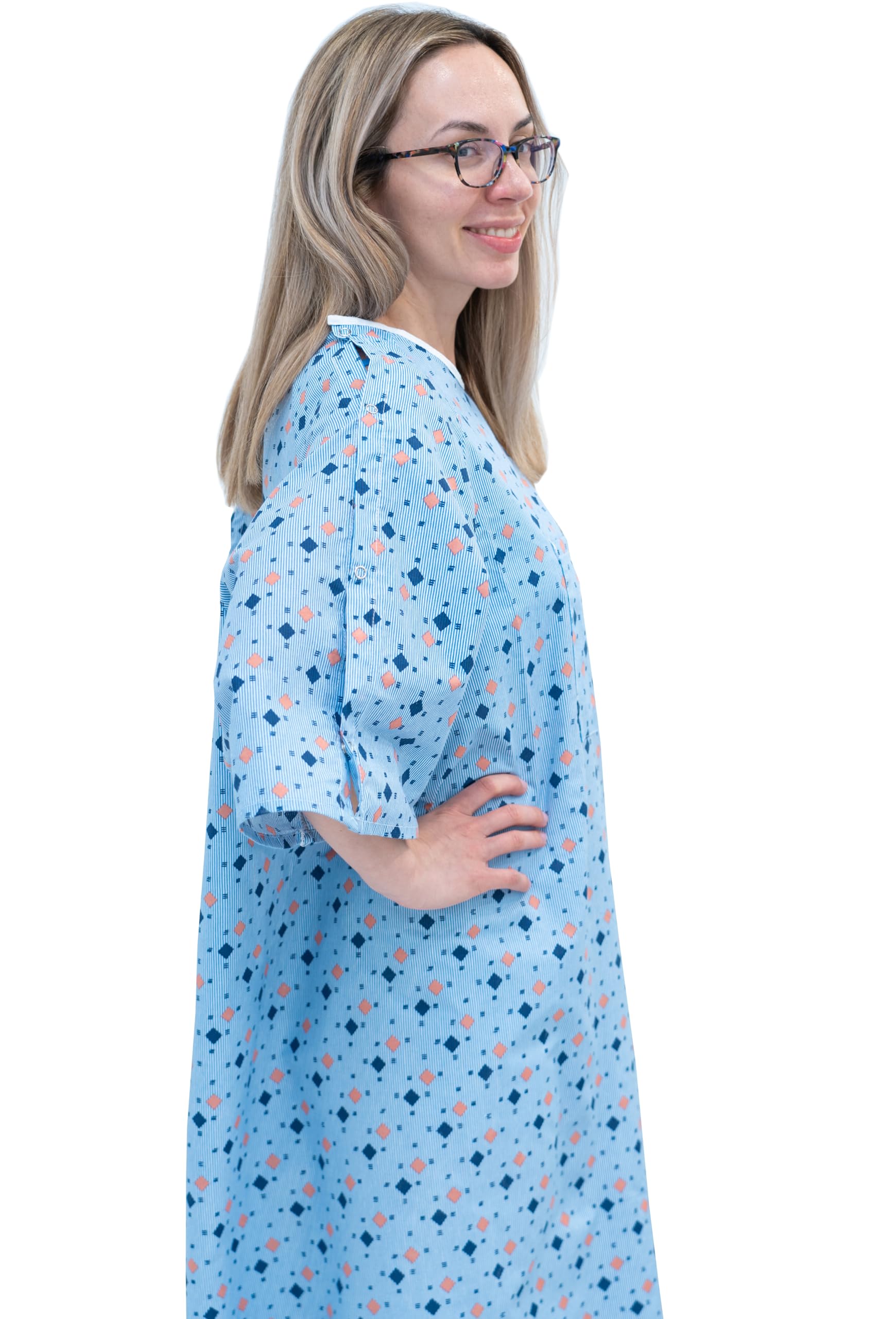 AMU Solutions 3 Pack Unisex Hospital Gown with IV Snap Sleeves - Comfortable Patient Gowns for Sizes S-XL - Diamond Pattern Blue - Tie Back Design - Perfect for Hospitals, Clinics, and Home Care Use