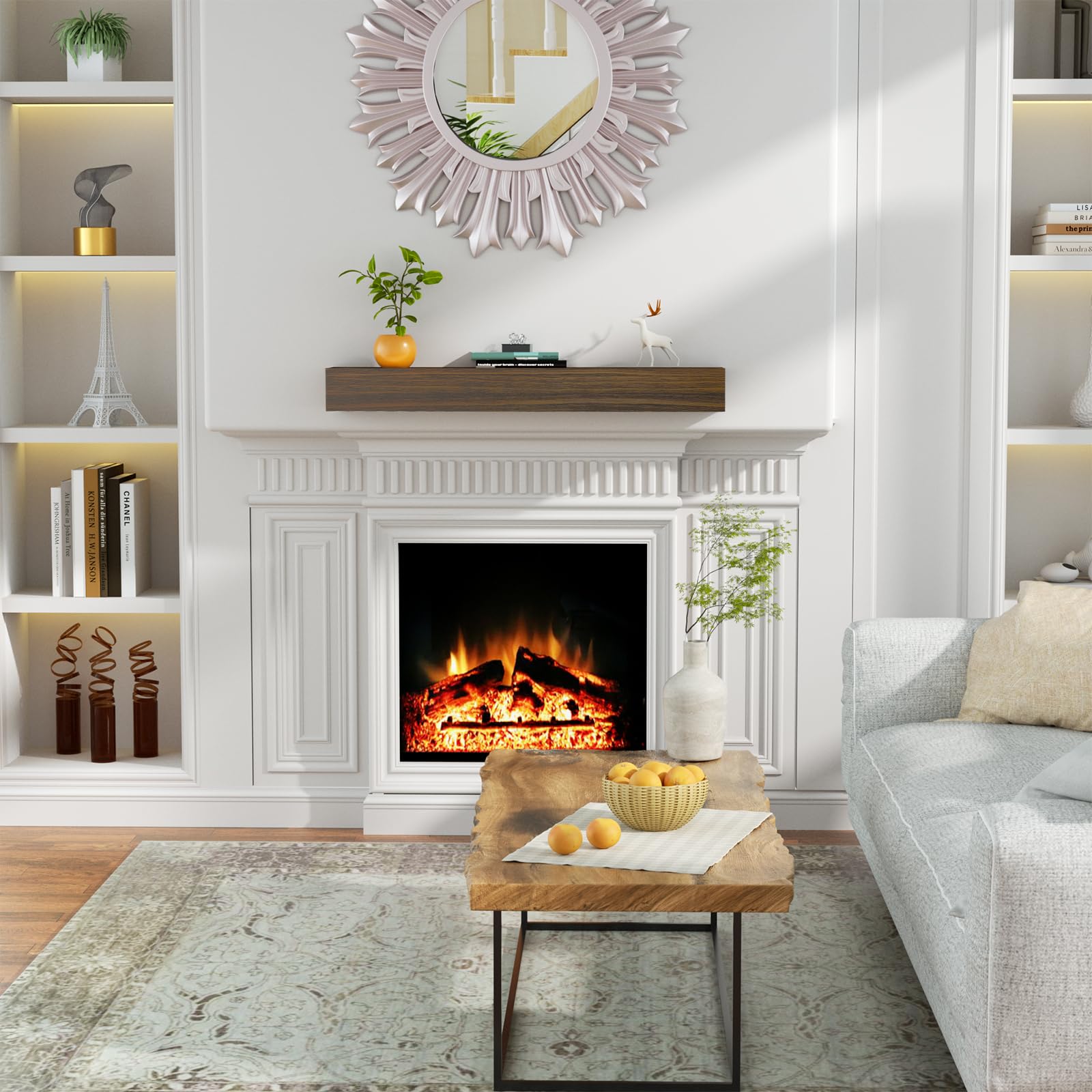 LOVMOR 60-Inch Floating Fireplace Mantel Shelf - Dark Chocolate Wood Wall Mount Mantel for Over Fireplace, 48