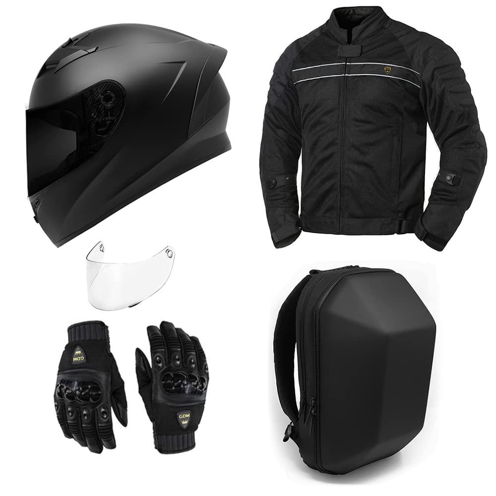 GDM Motorcycle Protective Gear Bundle - Full Set (Helmet, Jacket, Gloves, Backpack) in Stealth Black - Large Size for Men & Women - Perfect for Street Biking, Commuting & Adventure Riding