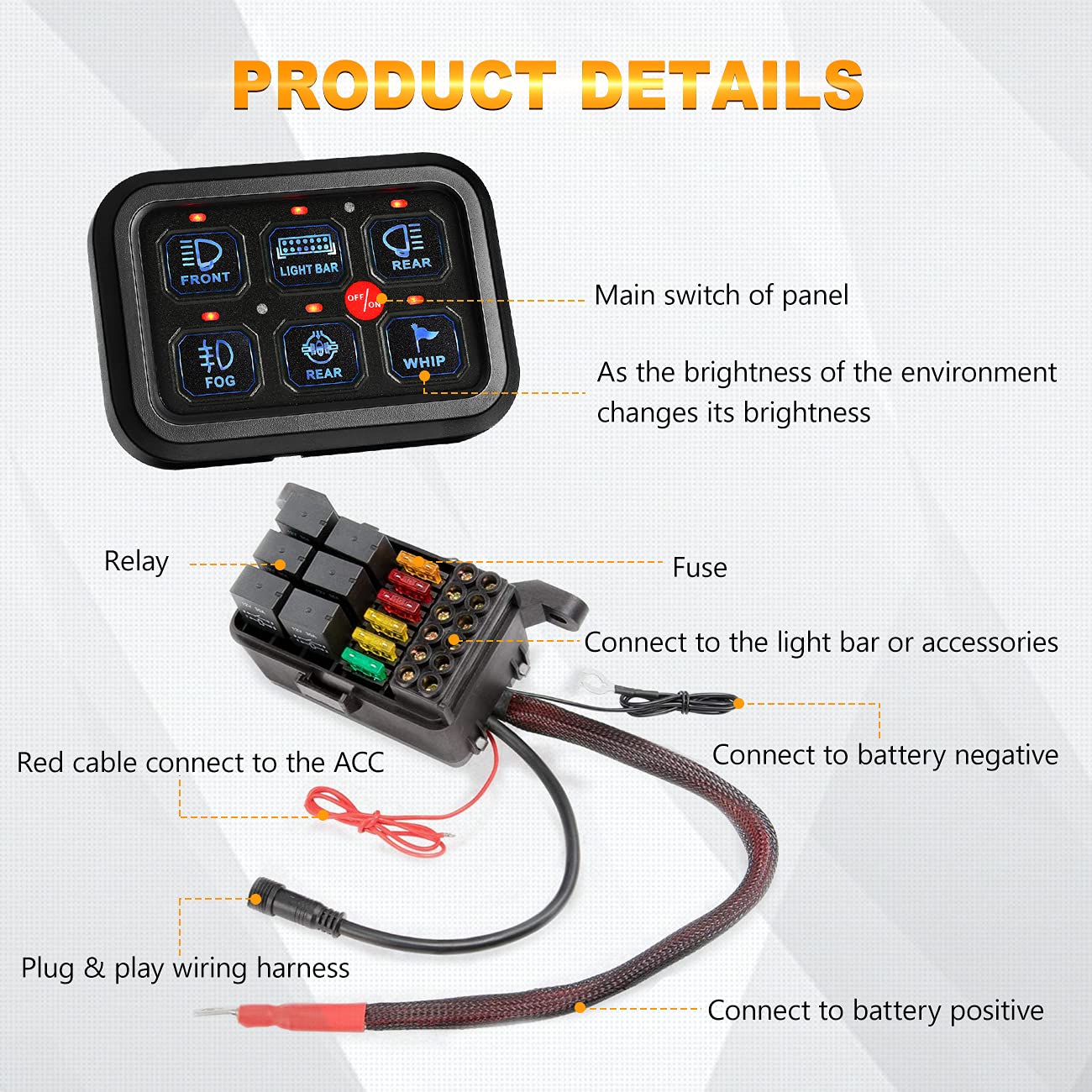 Auxbeam 6 Gang Switch Panel with 4-Inch 90W Amber Round LED Off-Road Lights - Super Bright Driving Lights & Wiring Harness Kit for Trucks, Jeeps, and Off-Road Vehicles