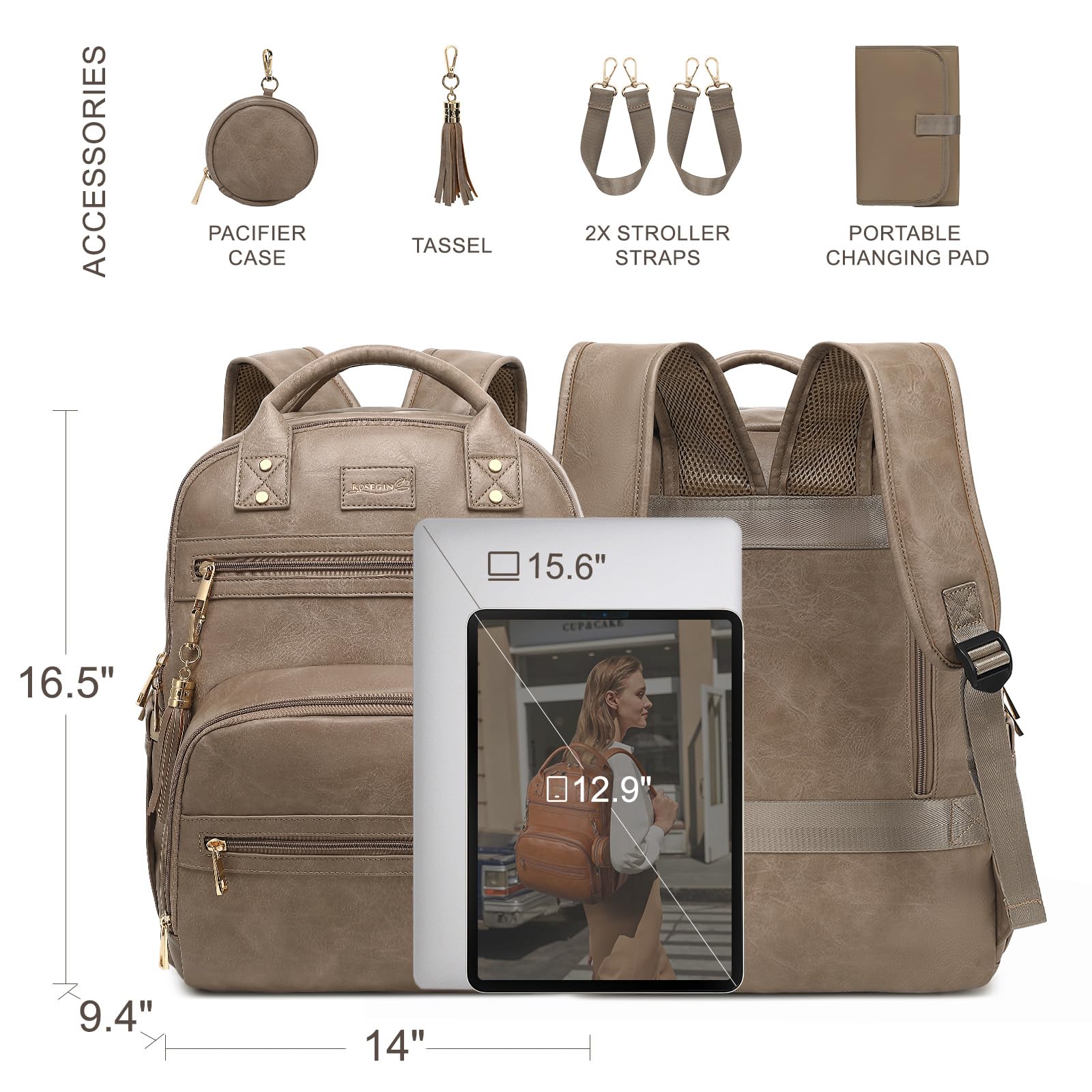 Premium Vegan Leather Diaper Bag Backpack - Waterproof Baby Changing Pad, 20 Pockets Organizer, Reinforced Zippers & Odor-Free, Fits 15.6