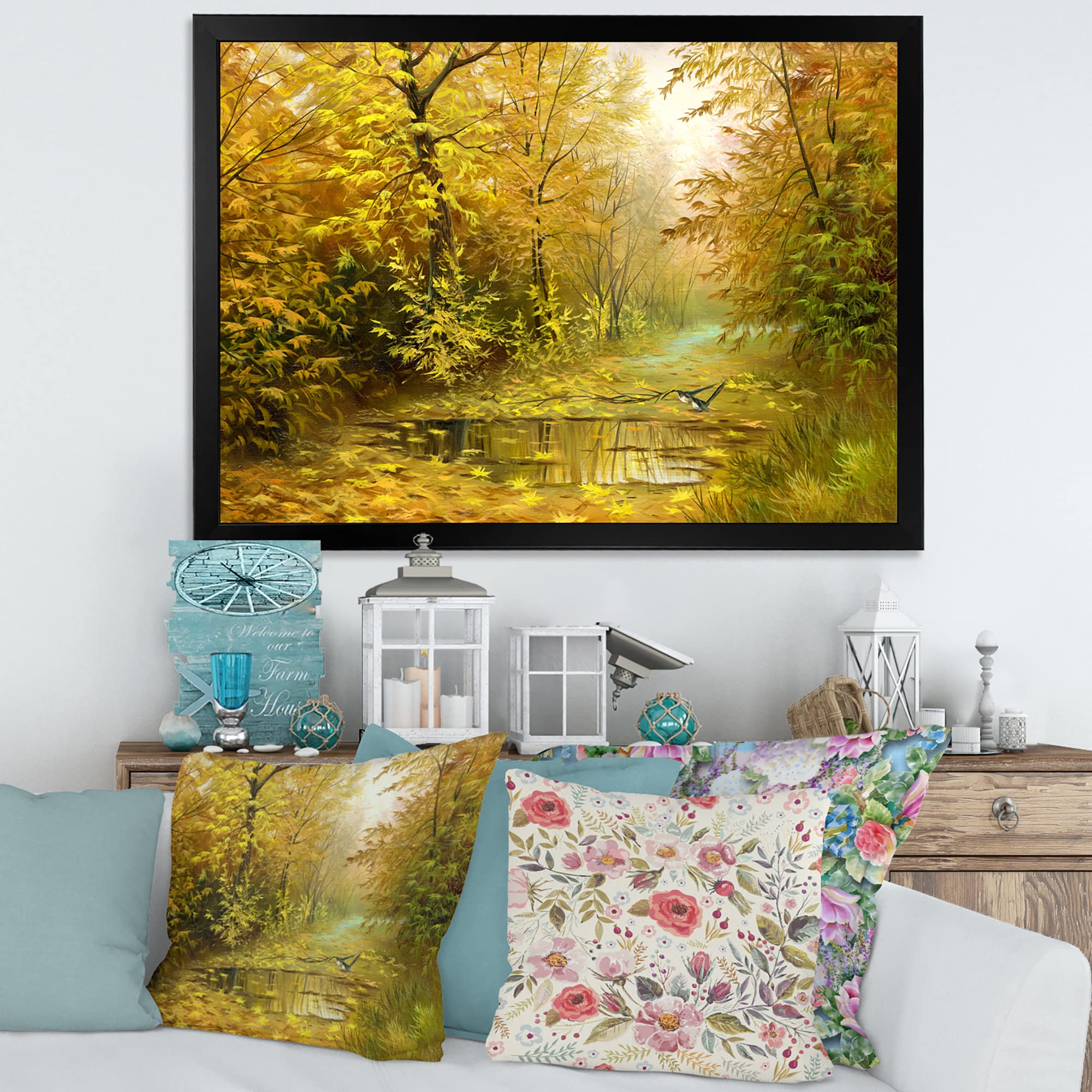 Yellow Woodlands Country Framed Wall Art - Rustic Nature Landscape Painting for Living Room, Bedroom & Office Decor