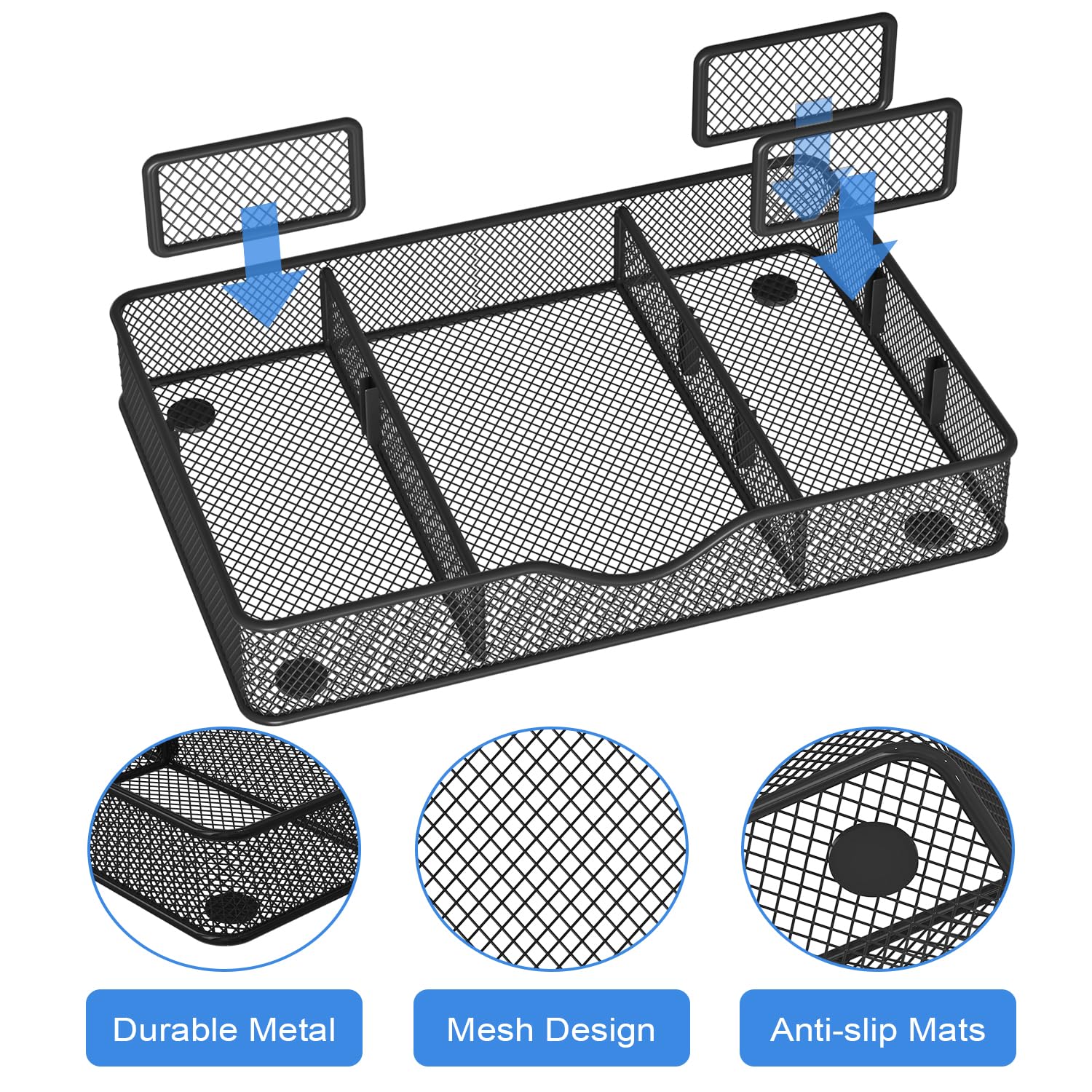 Metal Mesh Desk Drawer Organizer with 6 Adjustable Compartments - 14.5x8.8x1.96 Inch Black Tray for Office, Kitchen, Bathroom, Makeup & Vanity Storage - Perfect for Organizing Stationery, Utensils, Cosmetics & Jewelry