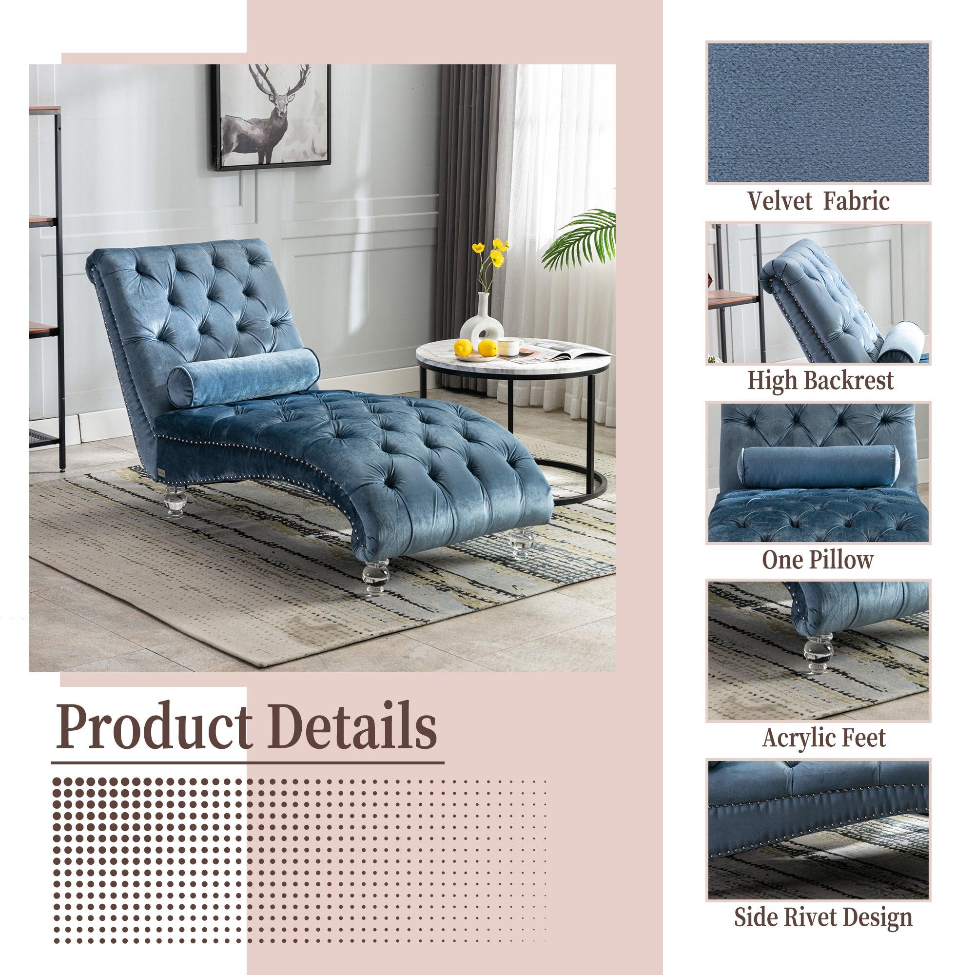 Luxury Velvet Chaise Lounge Chair - Button Tufted Upholstered Sofa with Pillow for Bedroom, Living Room & Office - Light Blue Velvet - Perfect for Relaxing, Reading & Home Decor