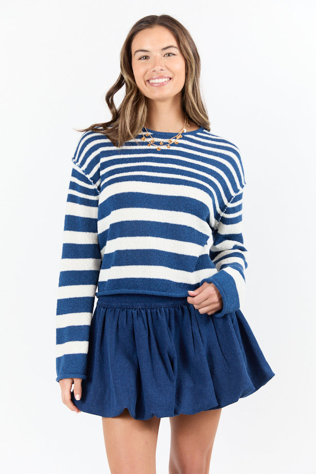 Navy Blue Lightweight Striped Sweater for Women - Soft & Comfortable Pullover - Perfect for Casual Outfits, Layering, and Fall Fashion