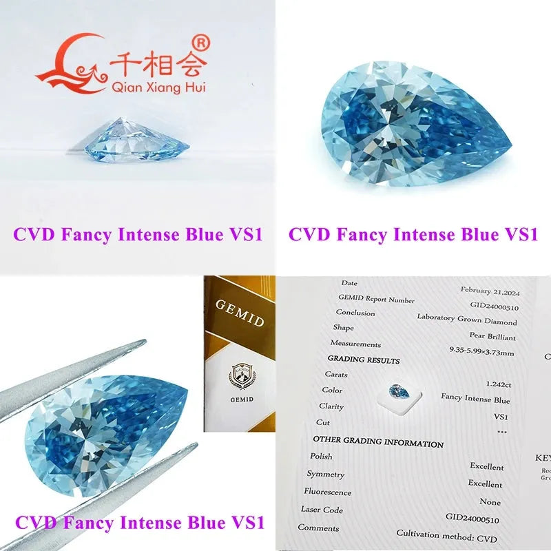 1.8ct Lab Grown CVD Diamond - Fancy Vivid Aqua Blue, VS-VVS Clarity, Pear Shape, GEMID Certified Loose Stone for Engagement Rings & Fine Jewelry