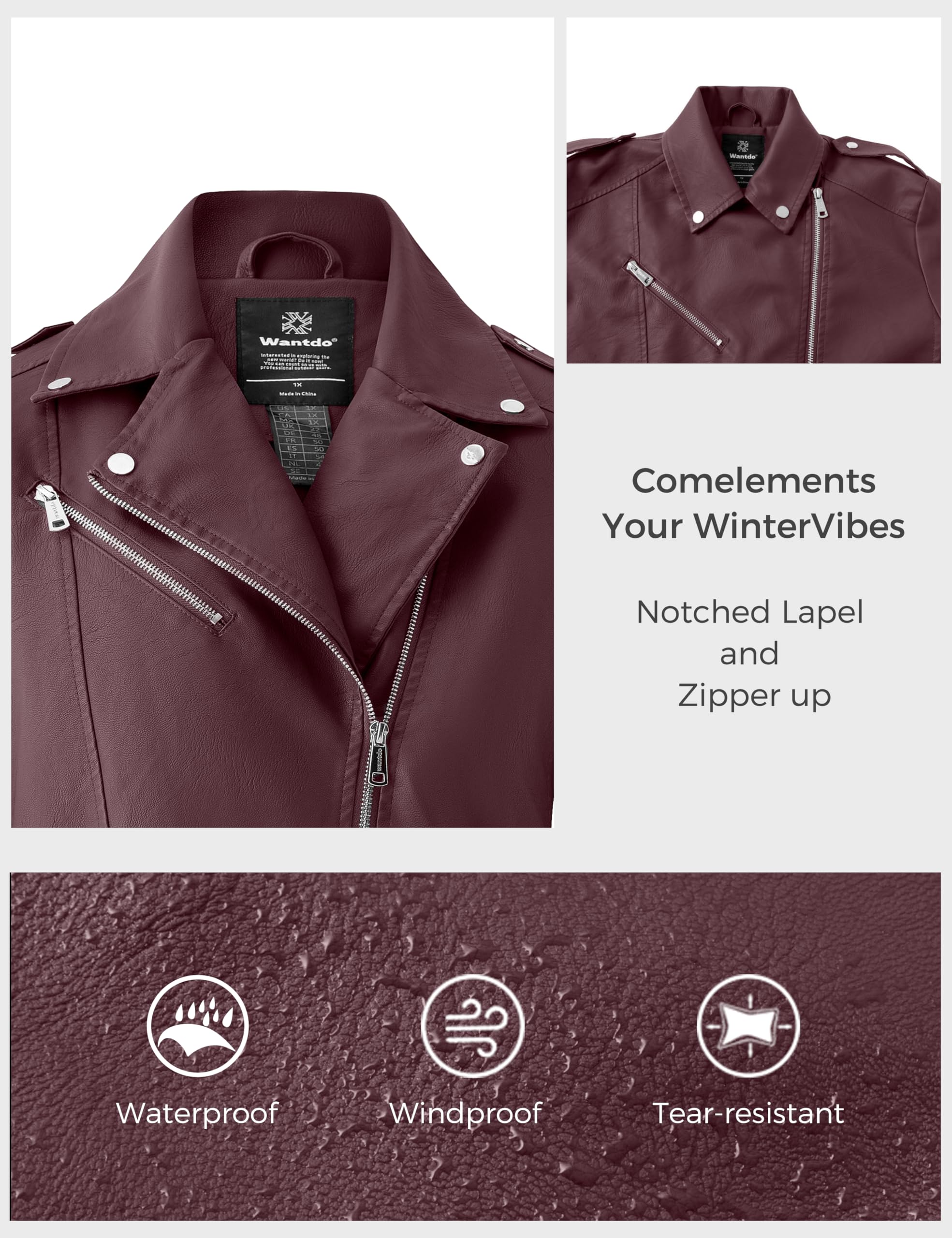 Wantdo Women's Plus Size Faux Leather Jacket - Lapel Collar Moto Biker Short Coat for Casual Outfits & Night Out | Stylish Outerwear for Fall & Winter Fashion