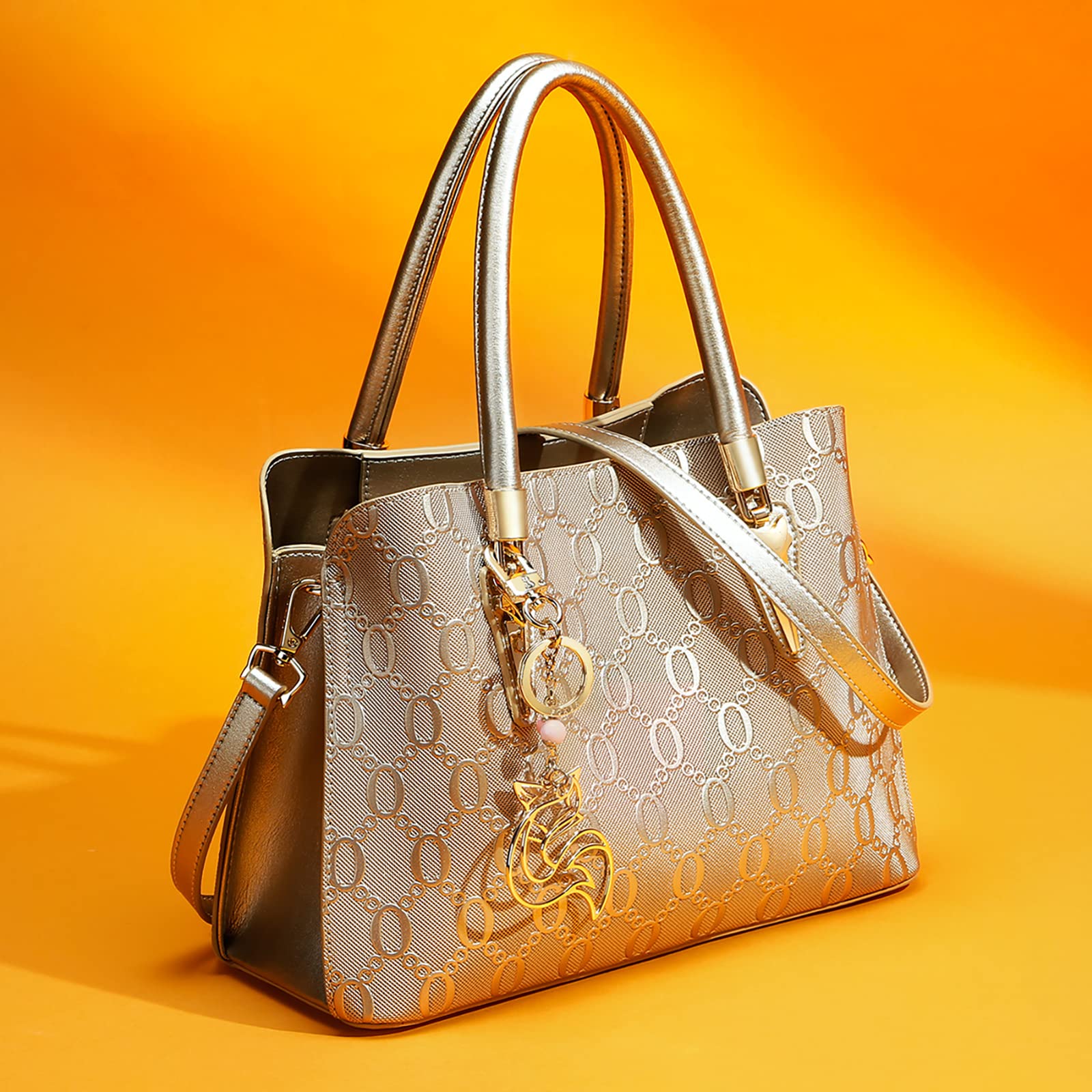 FOXLOVER Women's Cow Leather Top-Handle Satchel Handbag with Chain Pattern & Magnetic Zipper Closure - Crossbody Strap for Work, Travel & Everyday Use