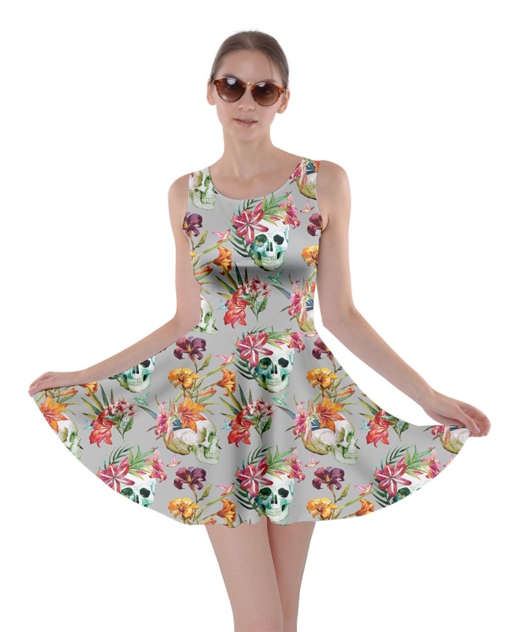 CowCow Light Gray Skull and Flowers Skater Dress for Women - Gothic Floral Print A-Line Swing Dress, Plus Size 2XL | Perfect for Halloween, Cosplay, and Alternative Fashion Outfits