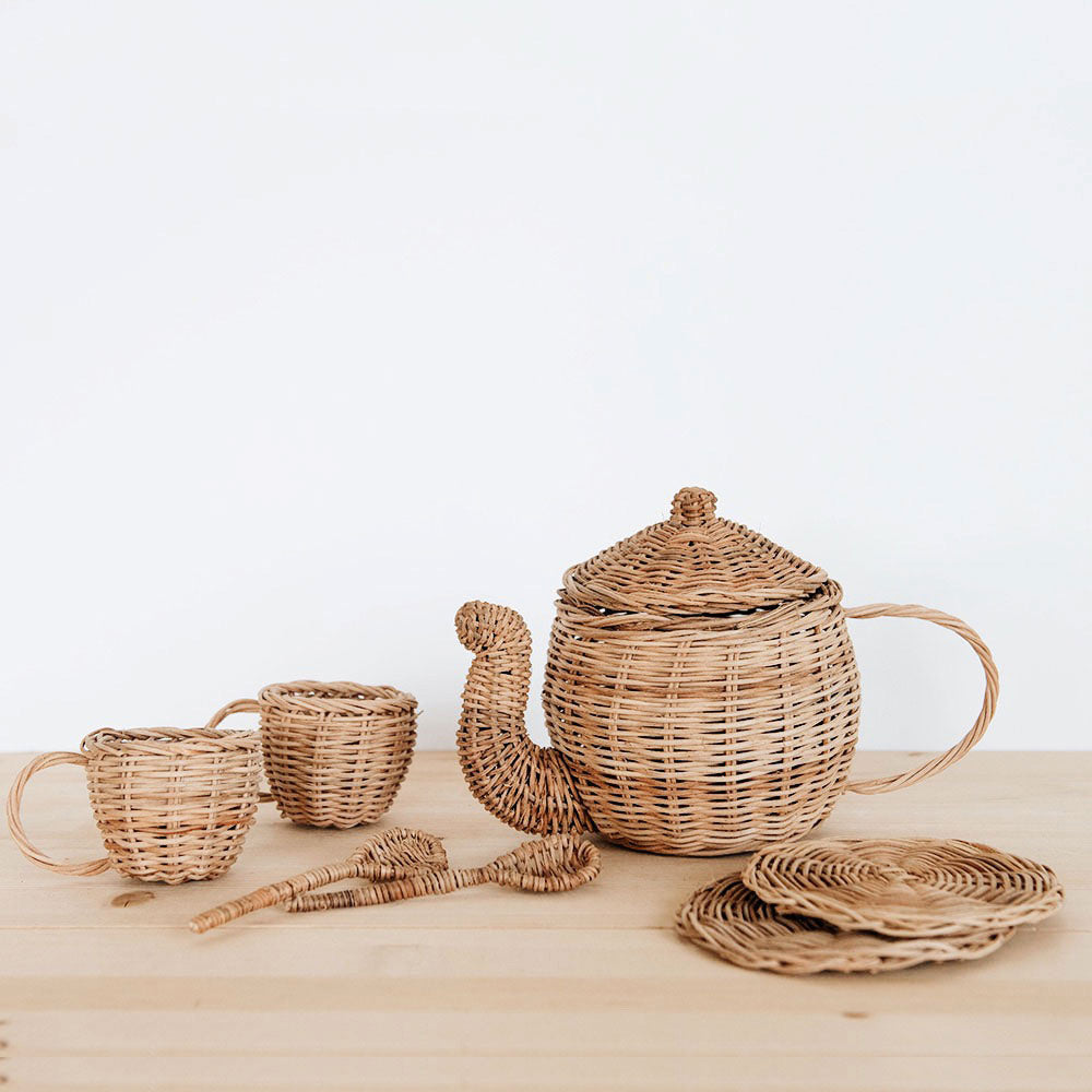 Premium Rattan Tea Set - Handwoven Natural Wicker Tea Tray with Teapot & Cups - Perfect for Afternoon Tea, Garden Parties & Zen Decor