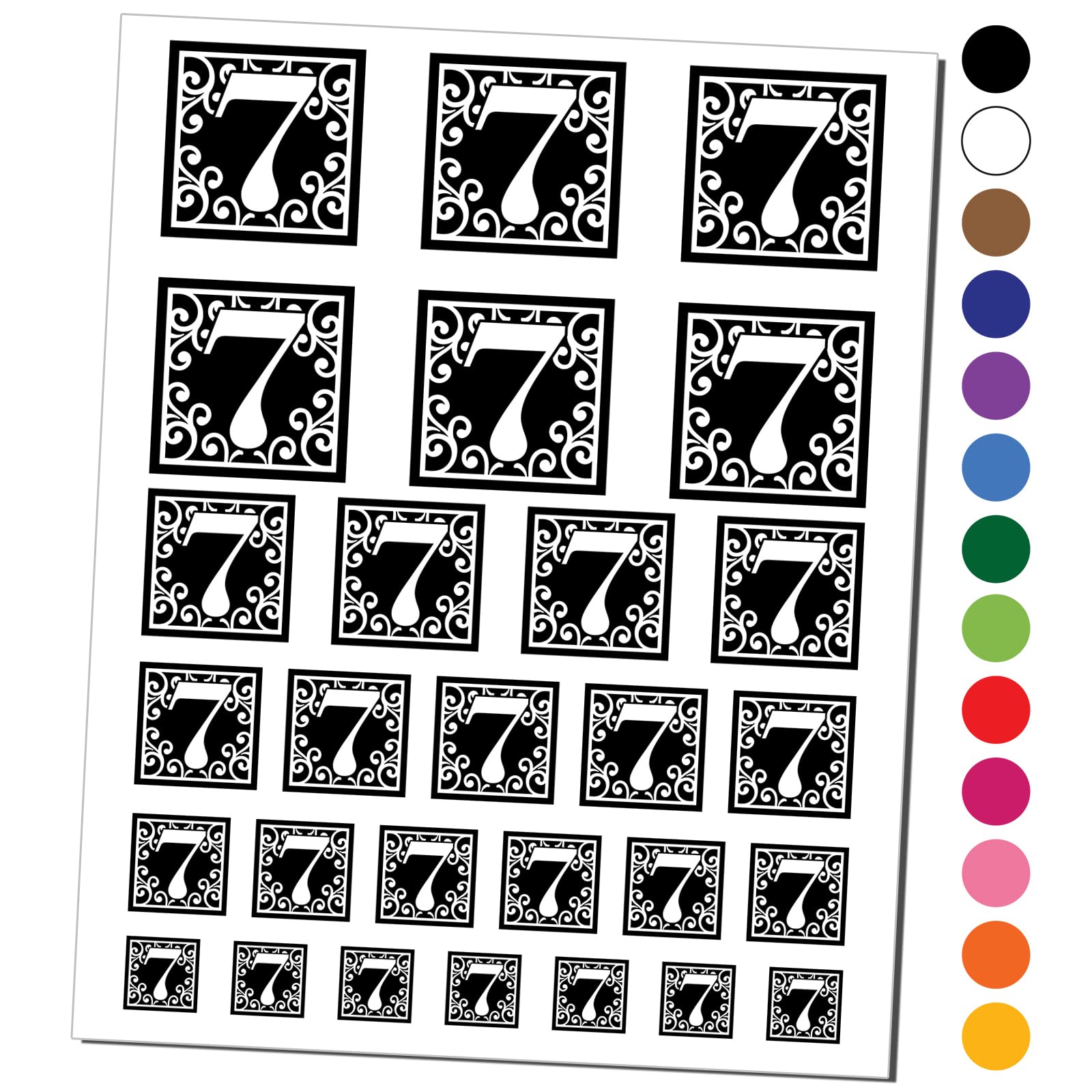 Number 7 Temporary Tattoo - Waterproof Fake Body Art with Swirl Design - Black Monogram Set (1 Sheet) - Perfect for Parties, Festivals, and Costume Events