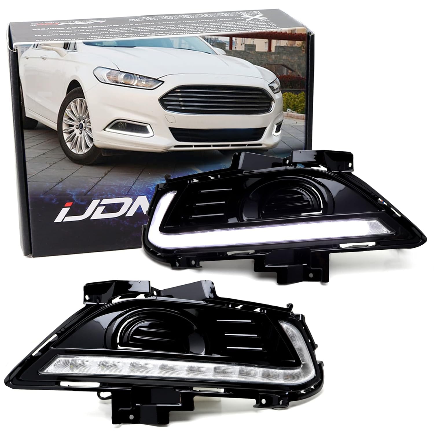 iJDMTOY Xenon White LED Daytime Running Lights & Fog Lamps for Ford Fusion 2013-2016 | 2x DRL Bezel Assemblies with 16 High-Power LEDs Each | Enhanced Visibility & Style for Day & Night Driving
