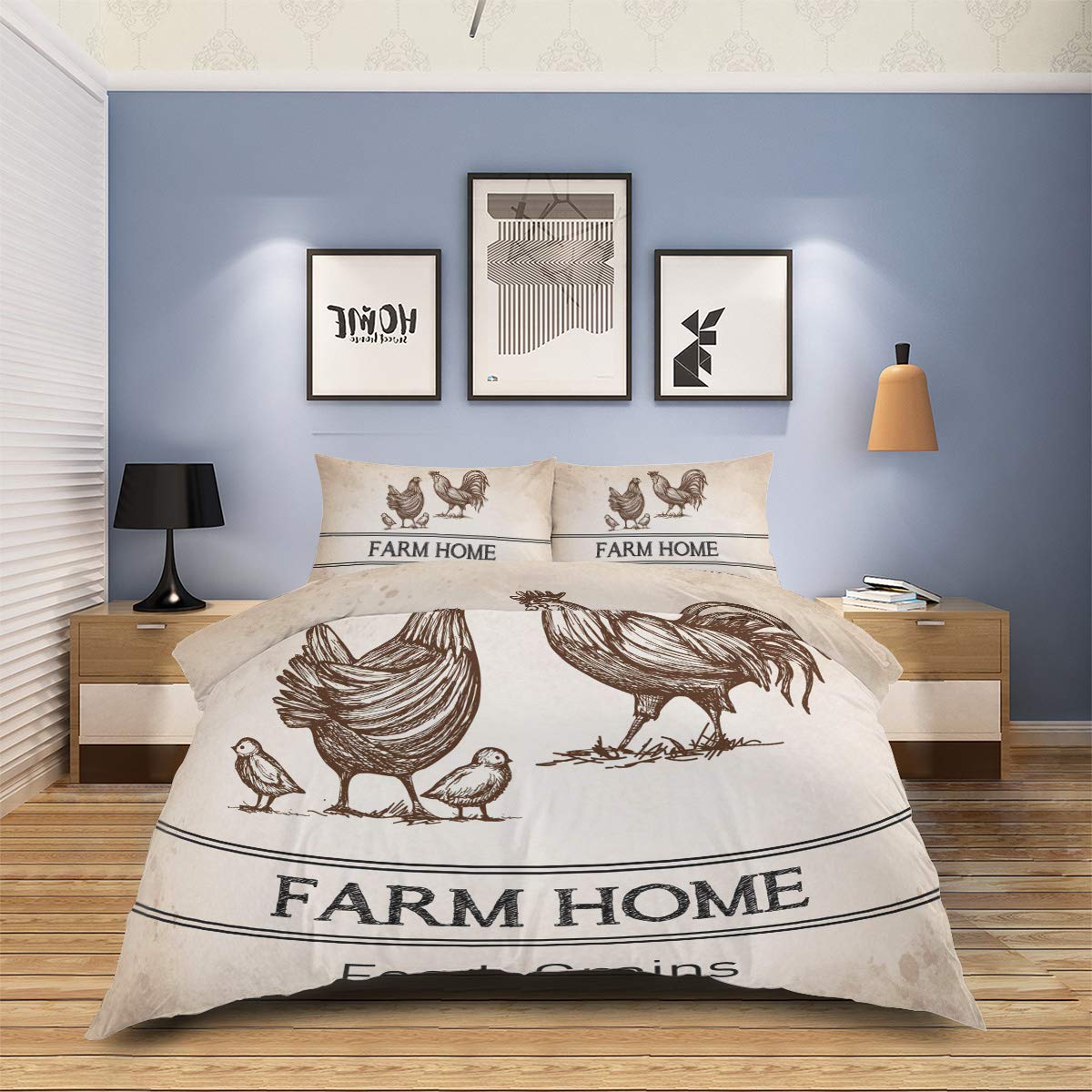 4-Piece Rooster & Farmhouse Chicken Duvet Cover Set - California King Size Luxury Soft Bedding with Decorative Pillowcases | Farm Animal Themed Bedroom Decor for Country Style Homes