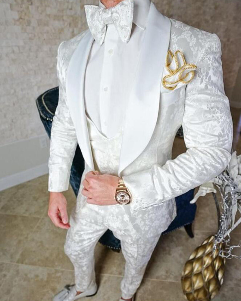 Classic Slim Fit White Groom Tuxedo with Shawl Lapel & Floral Jacquard Pattern - Men's Formal Blazer Suit CB10405 for Weddings, Prom & Special Occasions