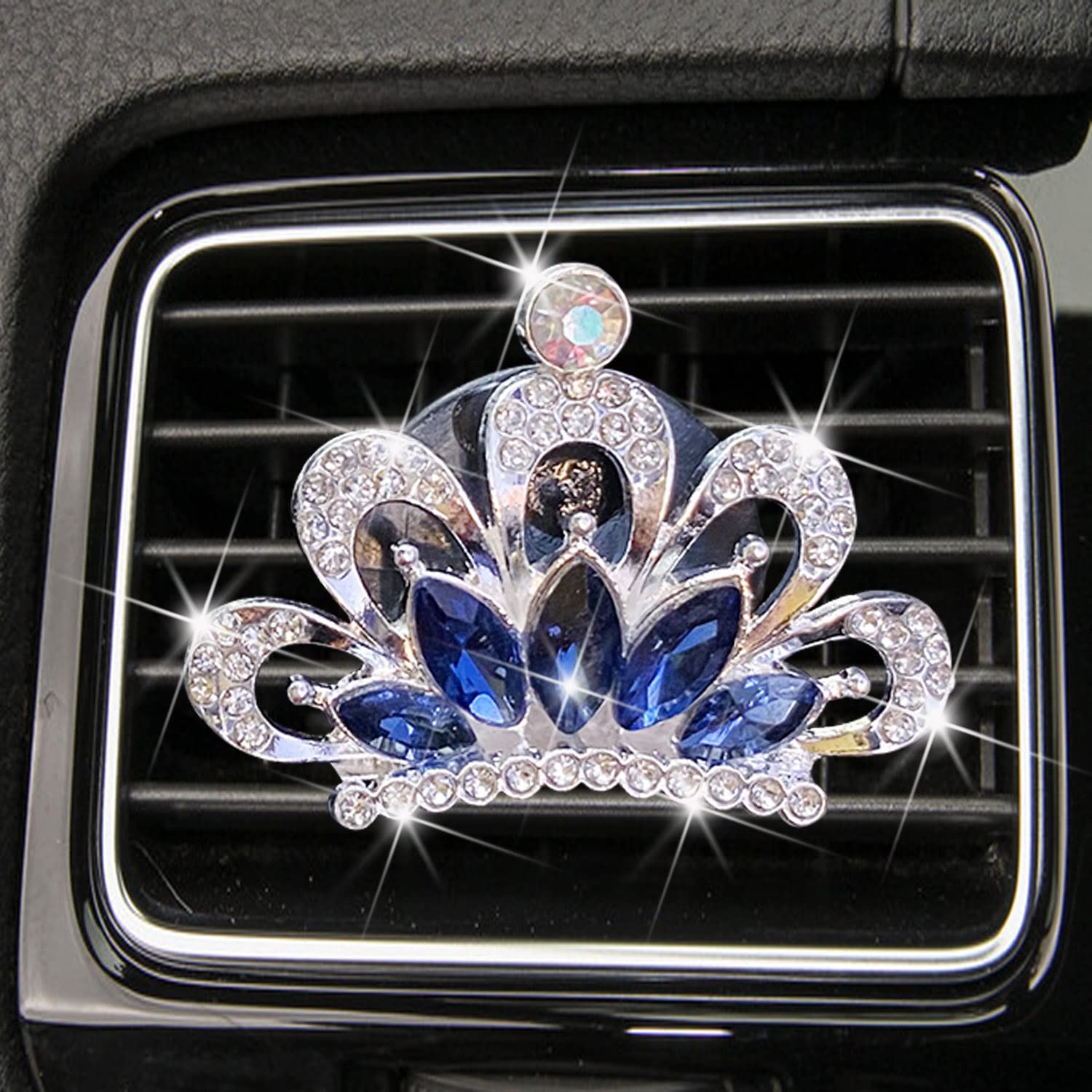 Crystal Crown Car Clip - Diamond Rhinestone AC Vent Clip for Women | Bling Car Interior Accessories | Perfect for Gifts & Car Decoration (Blue)