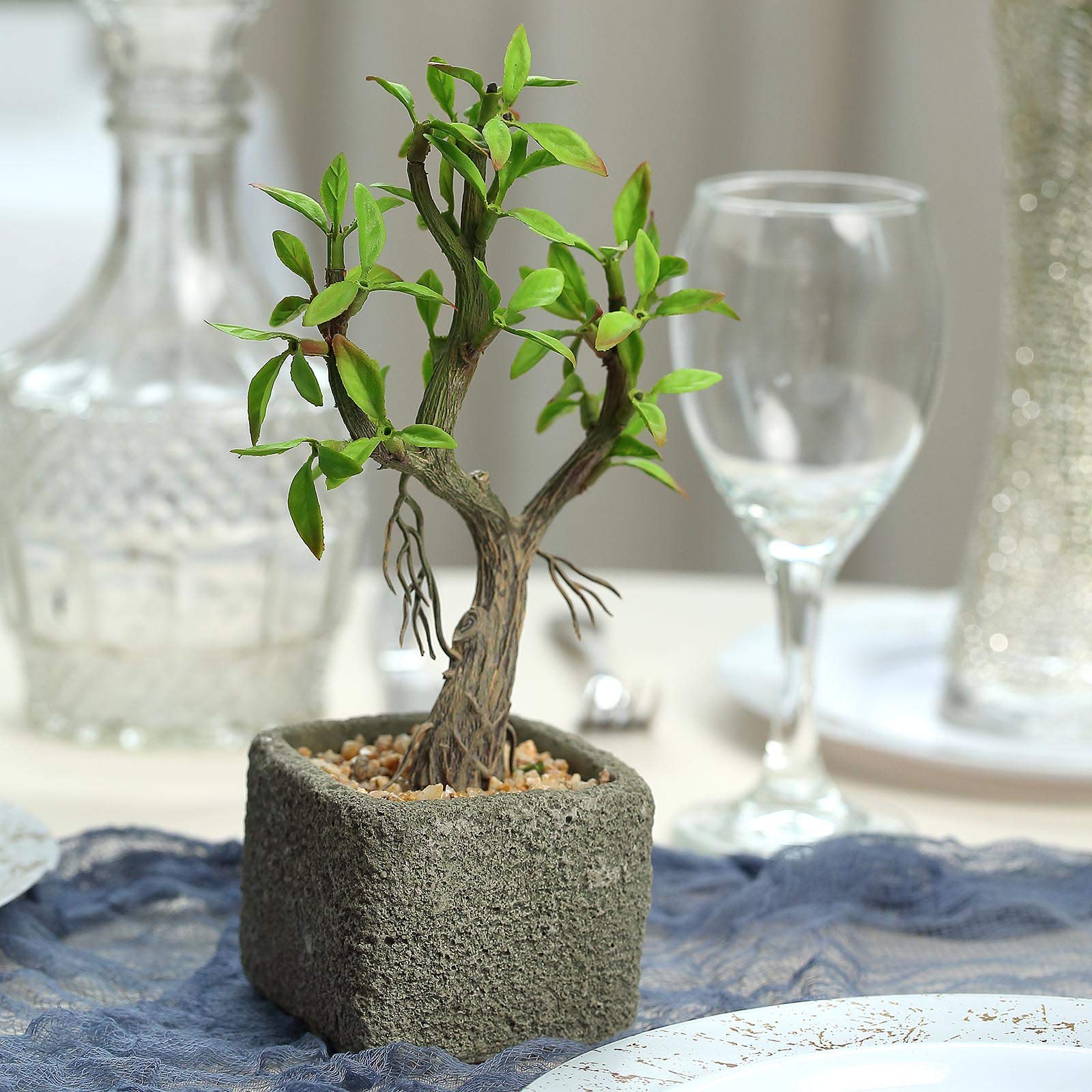 9-Inch Tall Brown Concrete Planter Pot with Green Artificial Mini Willow Tree - Modern Home & Wedding Decor for Indoor/Outdoor, Office, Garden, and Party Decorations