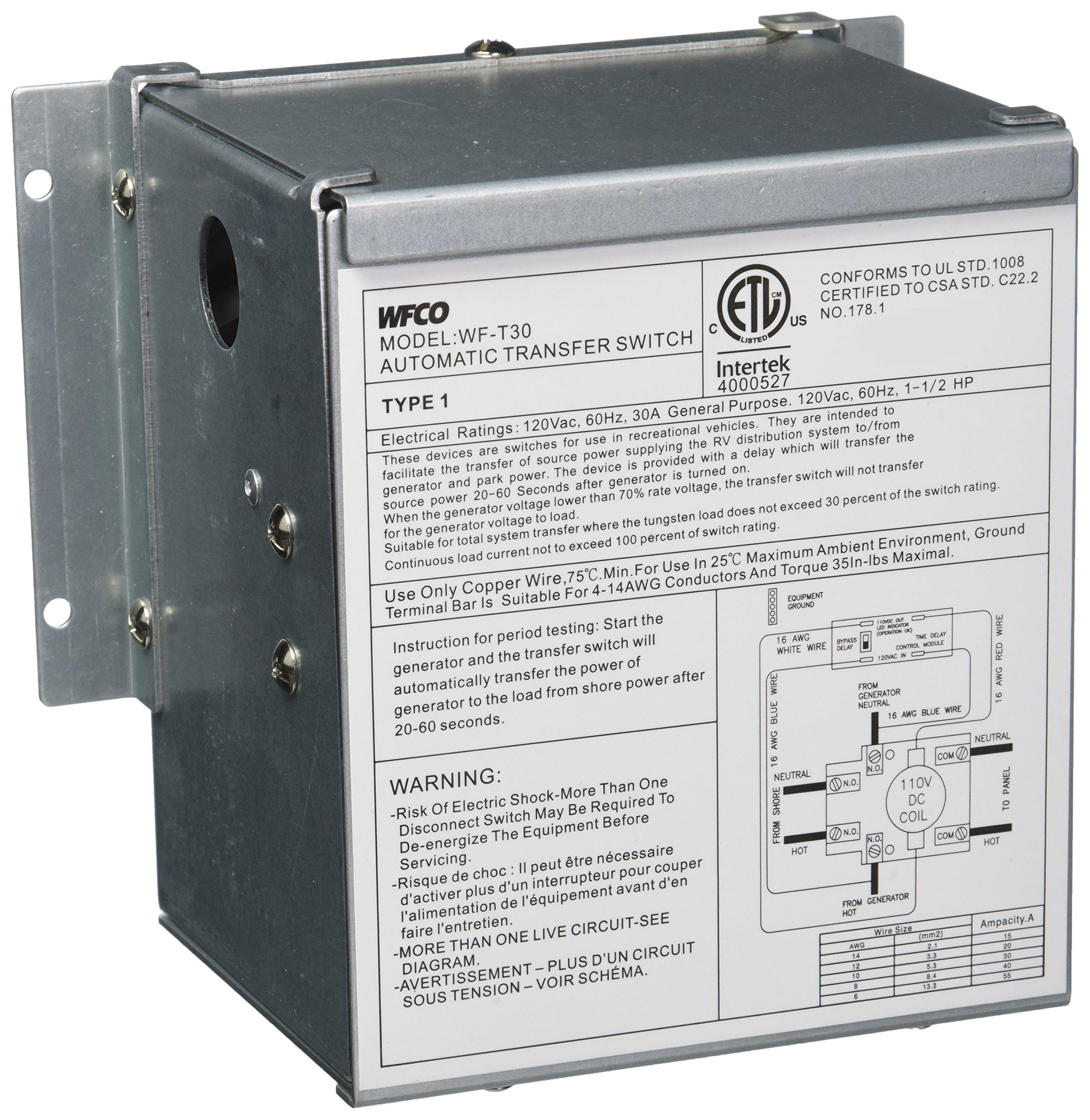 WFCO T30WM 30 Amp RV Transfer Switch - Automatic Power Switching for RVs, Campers & Trailers - Perfect for Seamless Shore Power to Generator Transition