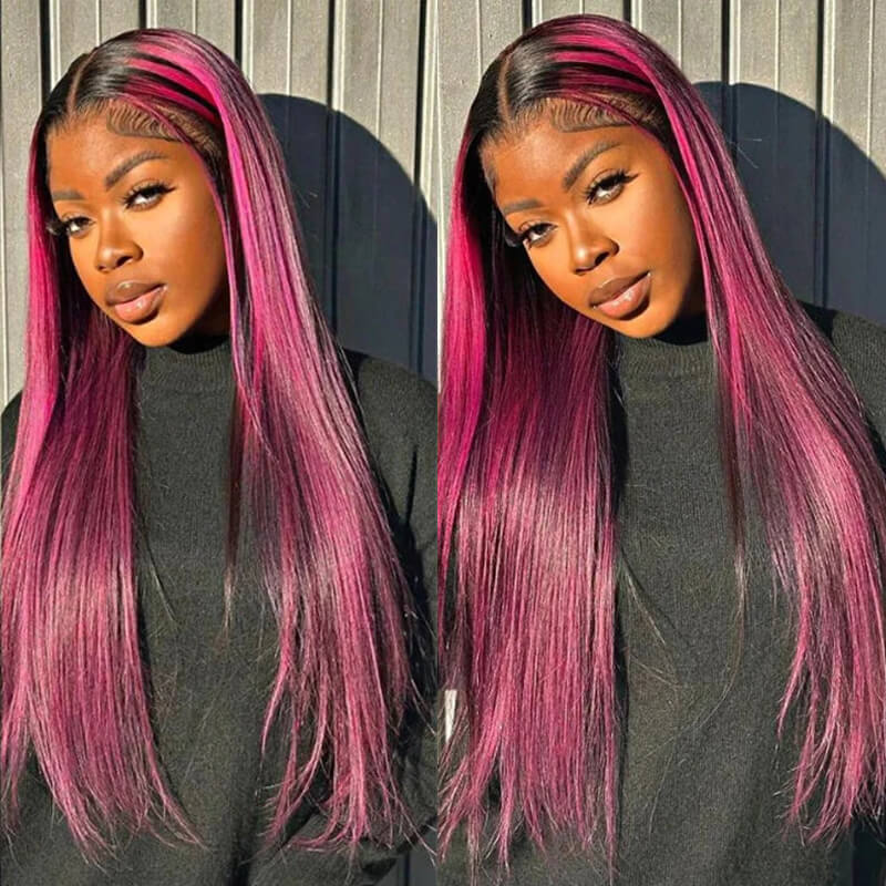 Eullair Red Blue Green Balayage Highlight Straight Lace Frontal Wig for Women - Peekaboo Highlights Human Hair Wig for Daily Wear & Cosplay