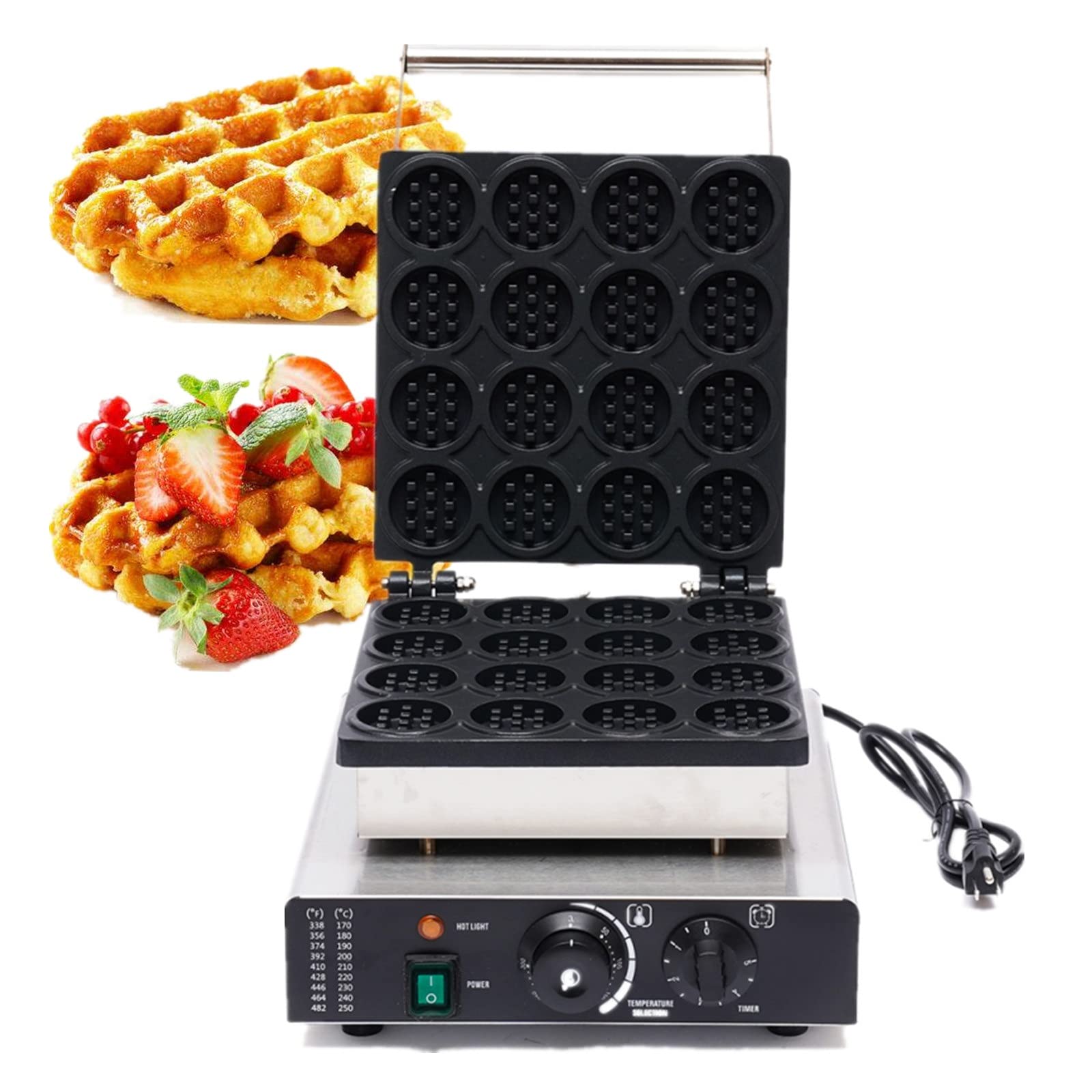 Nonstick Electric Waffle Maker Machine - 16 Mini Round Waffles, 1750W Stainless Steel with Temperature & Time Control (50~300℃), 110V for Home & Commercial Use - Perfect for Breakfast, Brunch, and Dessert Parties