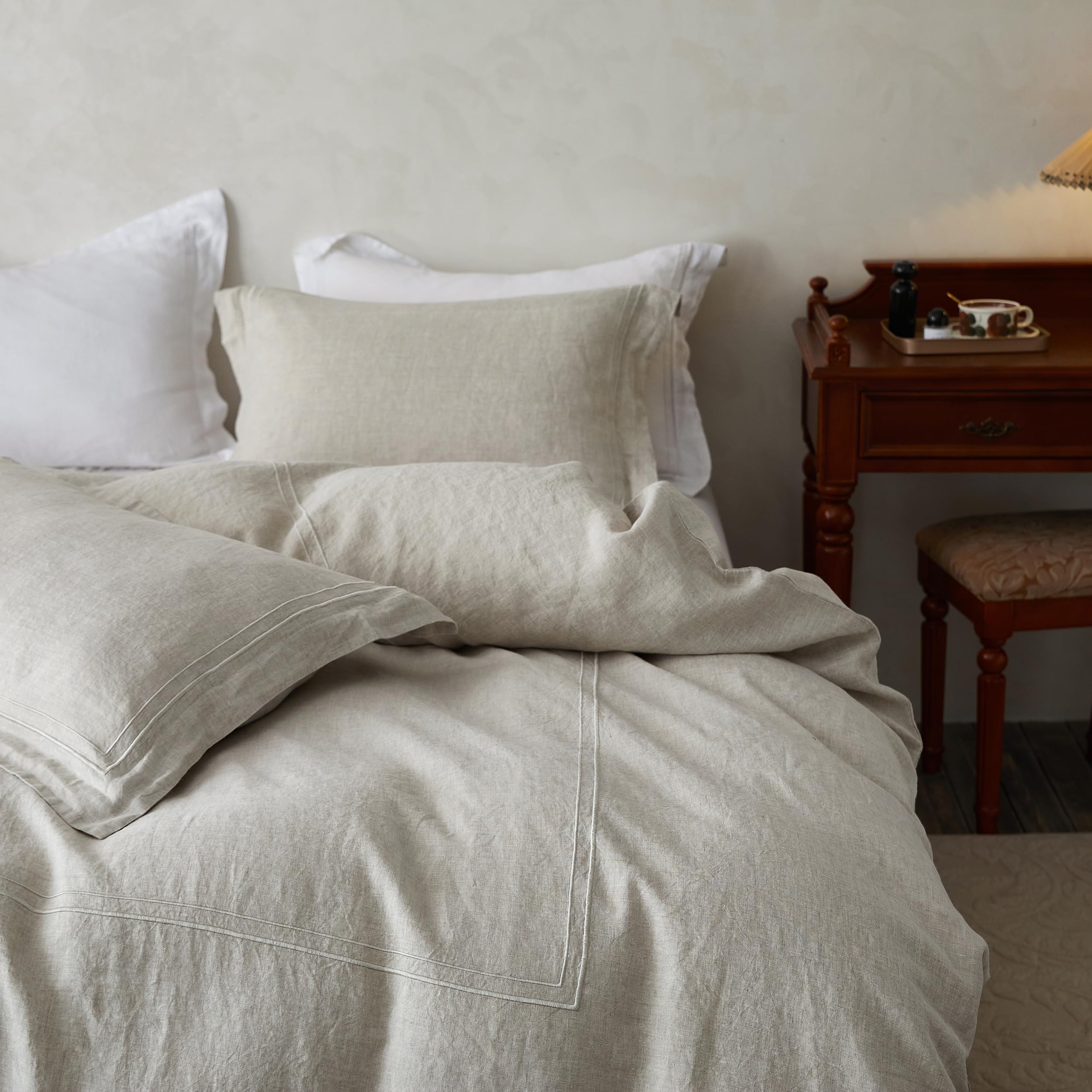 Simple & Opulence 100% Washed Linen Duvet Cover Set 68x86 Inches - 2 Piece Soft Farmhouse Comforter Set with Embroidered Design & Button Closure - Includes 1 Duvet Cover & 1 Pillow Sham (Twin Size, Natural Linen) - Perfect for Bedroom, Guest Room & Cozy Farmhouse Decor