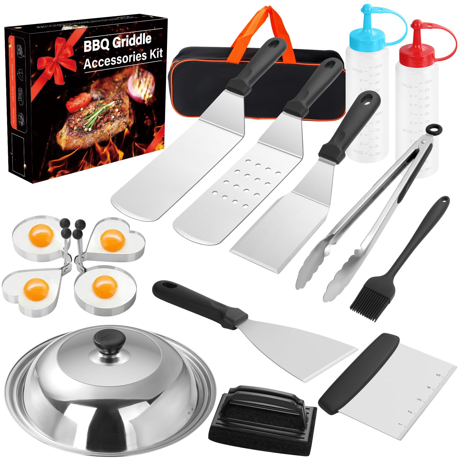 17PCS Griddle Accessories Kit for Blackstone & Camp Chef - Stainless Steel Spatulas, Basting Cover, Scraper, Tongs - Perfect for Outdoor BBQ, Camping & Backyard Cooking