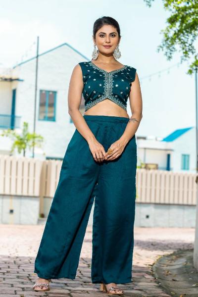 Stylish Teal Blue Indo Western Jacket Top & Palazzo Set - 3 Piece Outfit for Women | Perfect for Parties, Weddings & Festive Occasions