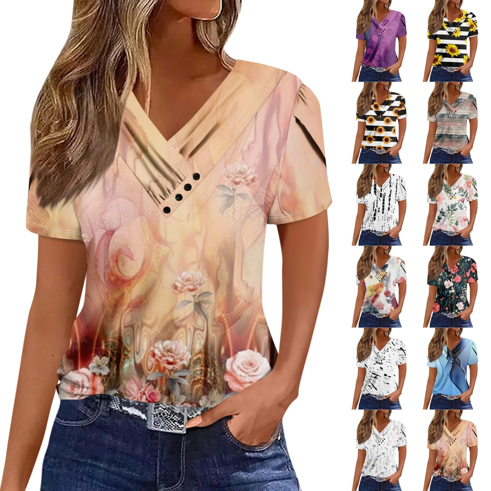 2024 Women's Summer Tops - Stylish Short Sleeve V-Neck Button Blouses for Casual & Dressy Occasions | Perfect for Office, Date Night & Weekend Outings