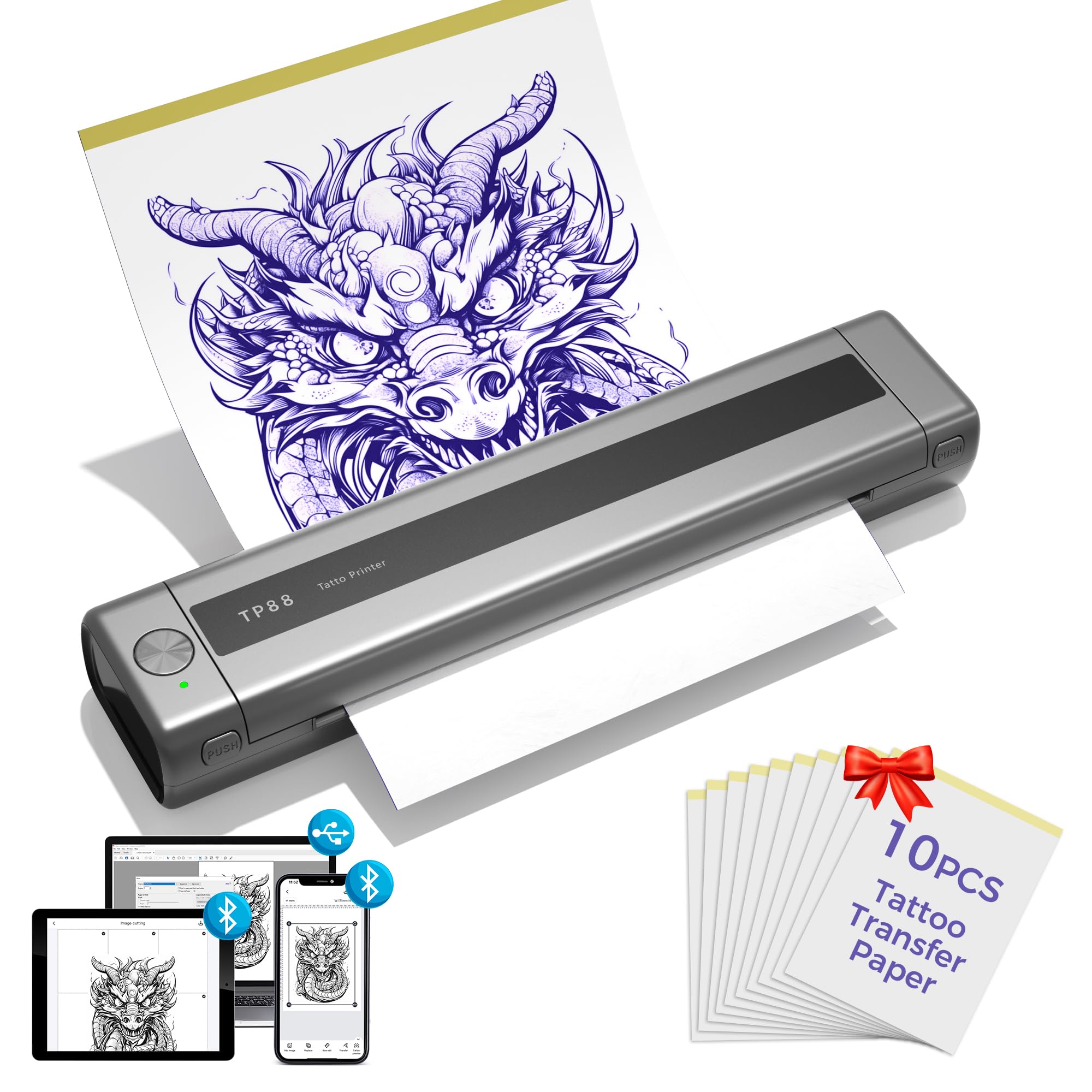 Upgraded Zodzi TP88 Bluetooth Tattoo Stencil Printer with 10PCS Transfer Paper - Thermal Stencil Maker for Tattoo Artists & Beginners - Compatible with Phone, Tablet & PC - Perfect for Studio, Home & Professional Tattoo Design