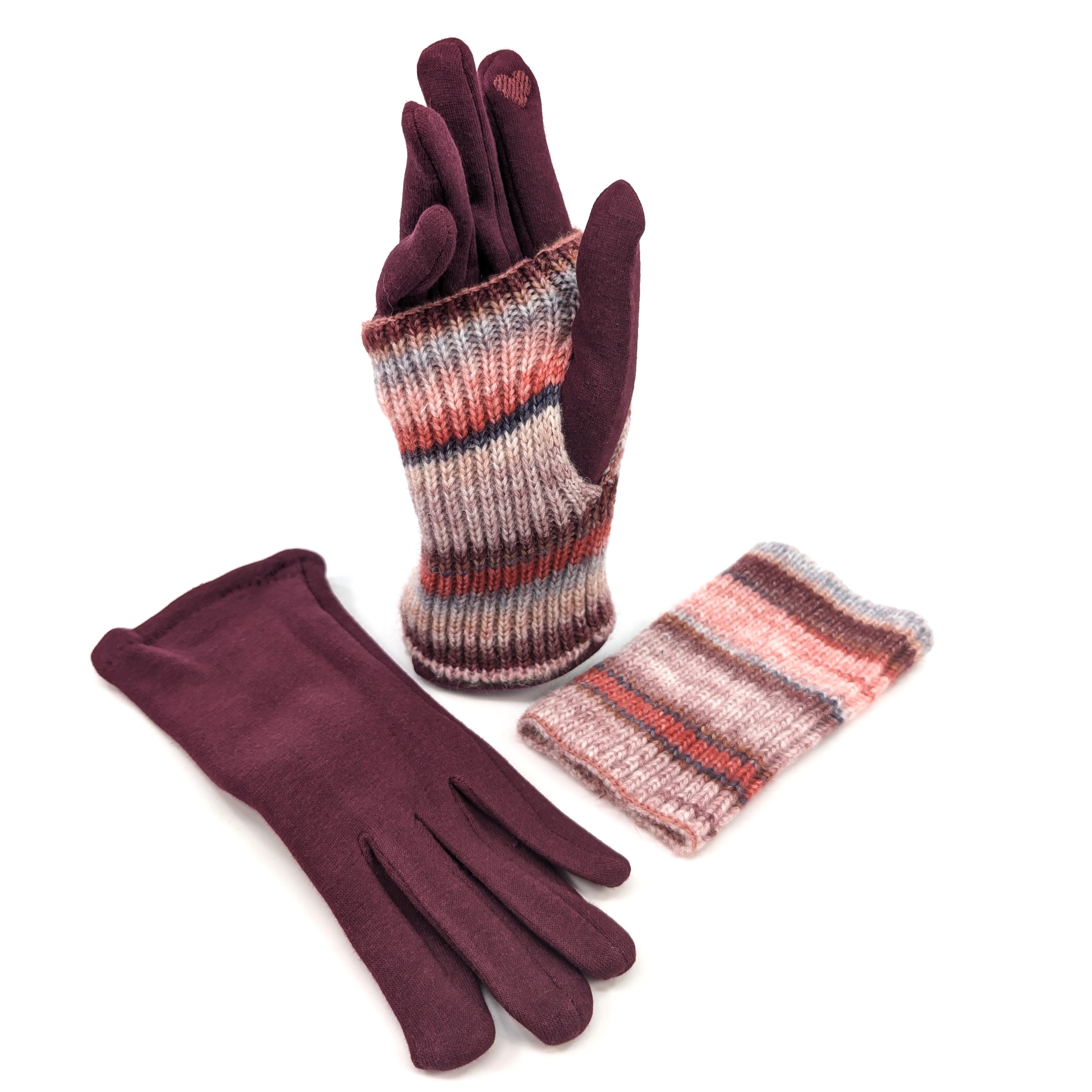 Multi Striped Two in One Gloves - Sangria Red | Warm Winter Gloves for Women & Men | Perfect for Skiing, Snowboarding & Outdoor Activities