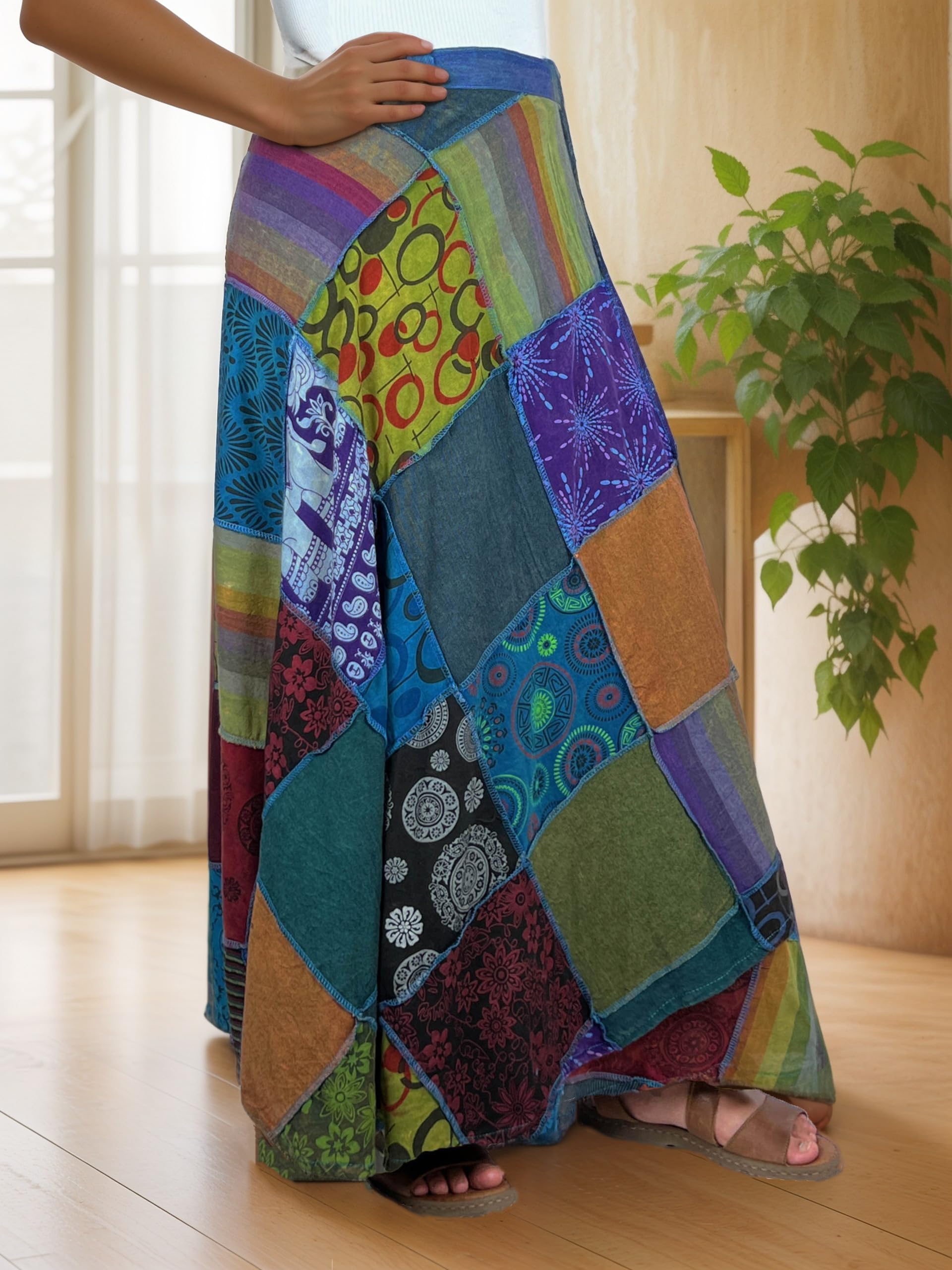 Agan Traders Women's 2025 Spring & Fall Boho Maxi Skirt - High Waisted Long Wrap Skirt with Patchwork & Tie-Up Design for Beach, Festival & Casual Wear