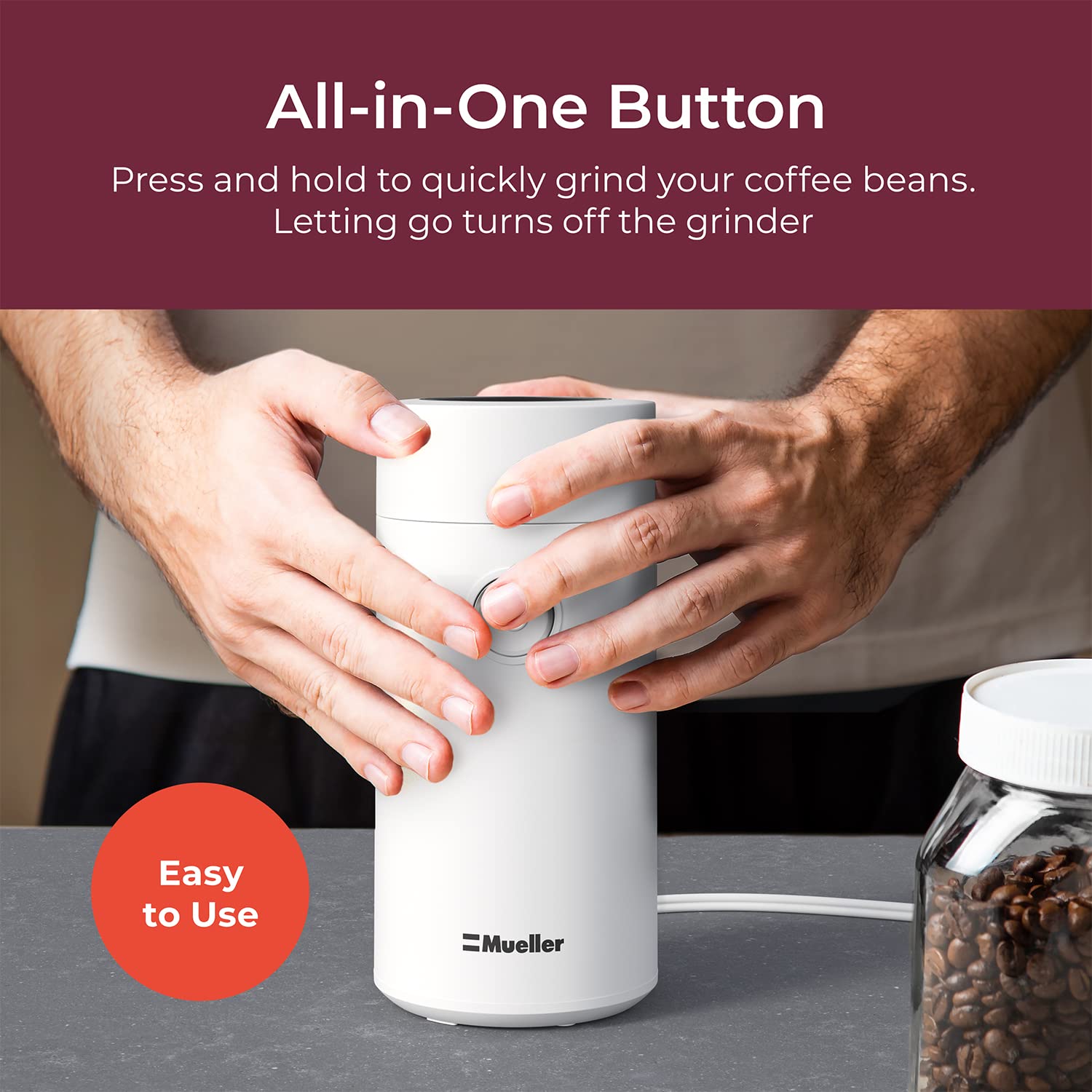 Premium MuellerLiving Electric Coffee Grinder for Spice, Nut, Herbs & Coffee Beans - Stainless Steel Blades, Fast & Quiet, White - Perfect for Home, Kitchen & Coffee Enthusiasts