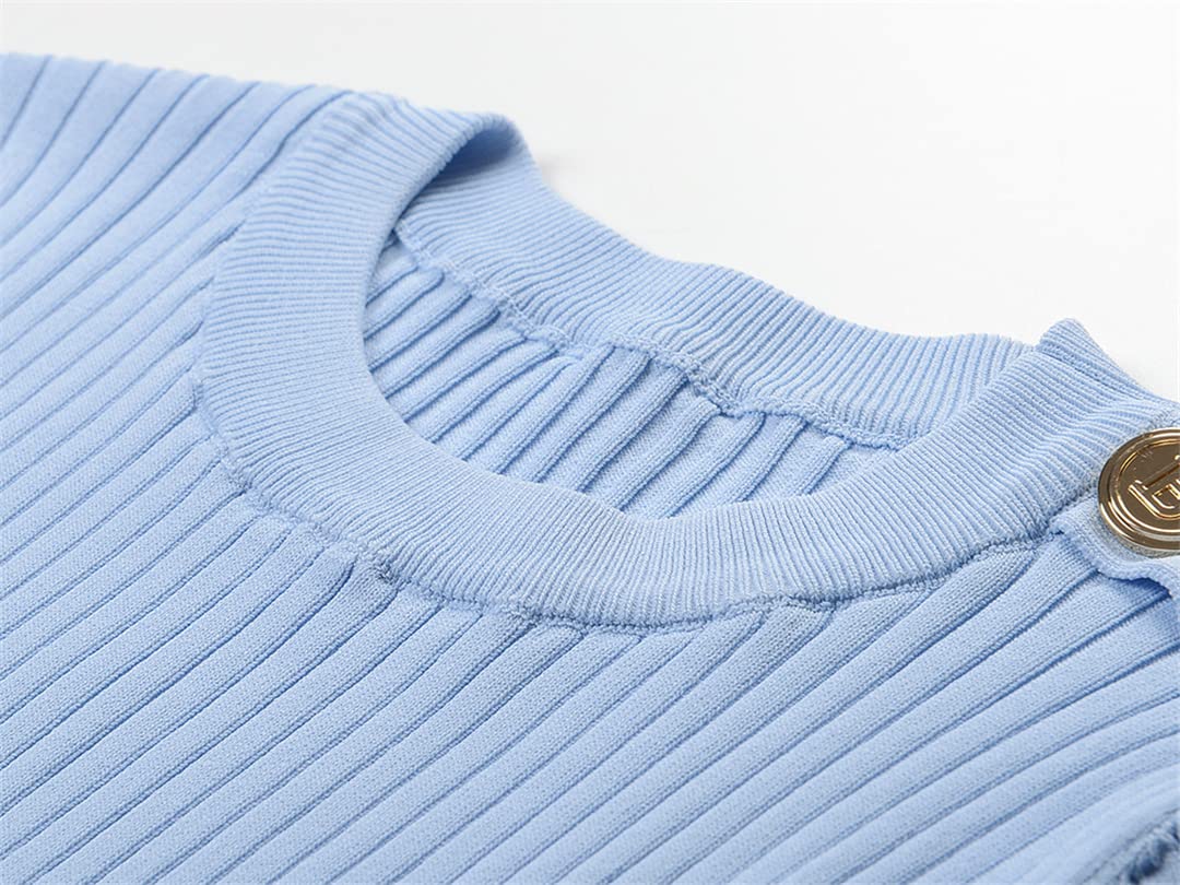 Women's Gold Button Short Sleeve Striped Knit Sweater - Loose Fit Casual Pullover Blue Top for Summer | Office Wear, Weekend Outfits & Beach Cover-Up