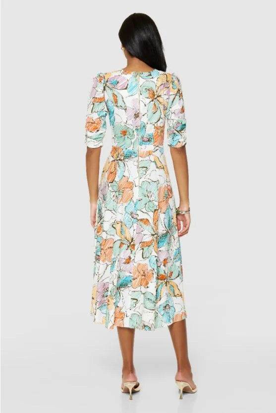 Orla Floral Midi Dress for Women - Orange Summer Floral Print Sundress | Perfect for Beach Vacations, Garden Parties & Date Nights